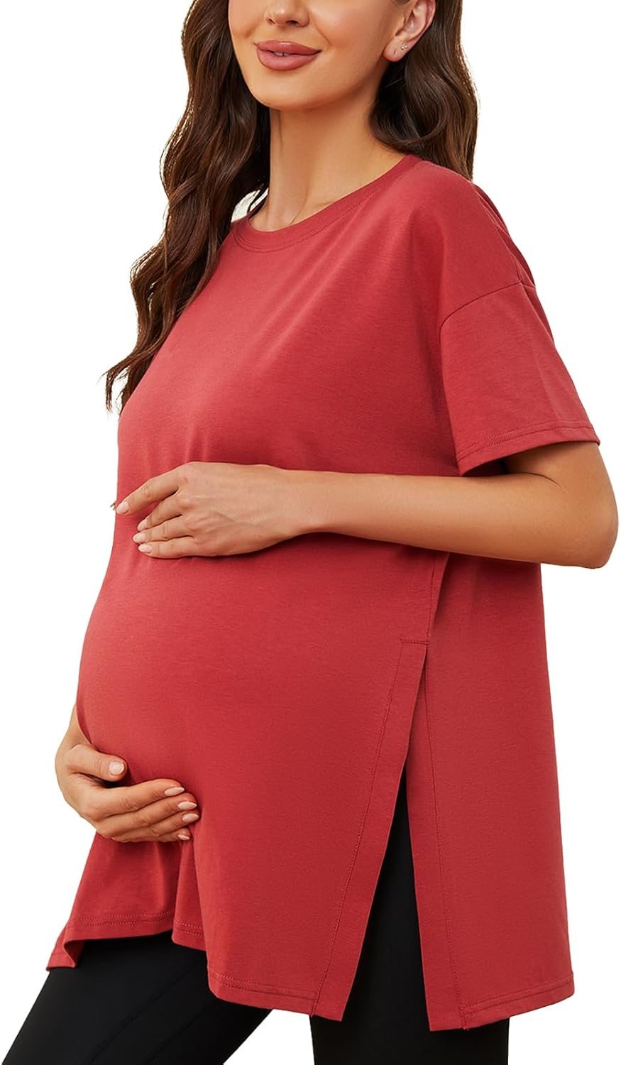 Liu & Qu Womens Maternity Shirts Short Sleeve Split Side Casual Pregnancy Clothes Crewneck Loose Maternity Tops image number 3