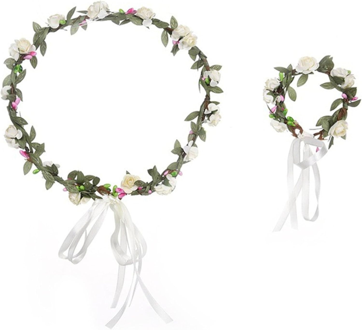 Flower Wreath Flower Crown Headband, Rose Bridal Hair Accessories with Bracelet Set, Flower Headband Adjustable Belt, Hair Bands Floral Garland