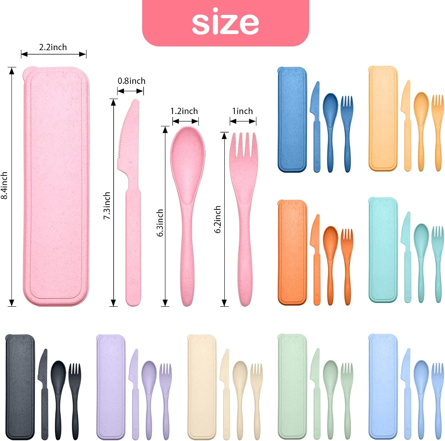 Reusable Travel Utensils Set with Case, 2 Sets Wheat Straw Portable Plastic Fork Spoons Knife Camping Cutlery, Eco-Friendly BPA Free Lunch Tableware for Kids Adults Travel Picnic Utensils - 12 Sets - Multiple Colors image number 6