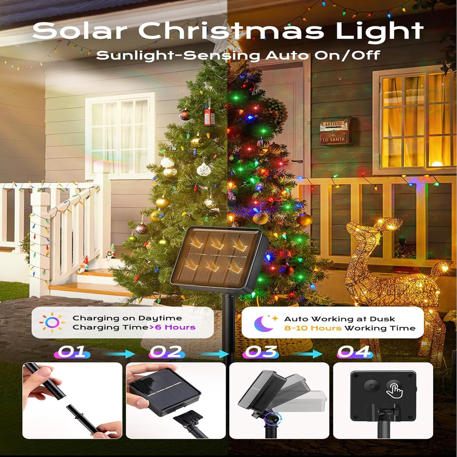 C6 Solar String Lights Outdoor Waterproof Fairy Lights, 100 Leds Multicolor Solar Christmas Lights Outdoor, Christmas Decorations for Christmas Garden Yard Fence Patio Party Decor (100 Leds) image number 1