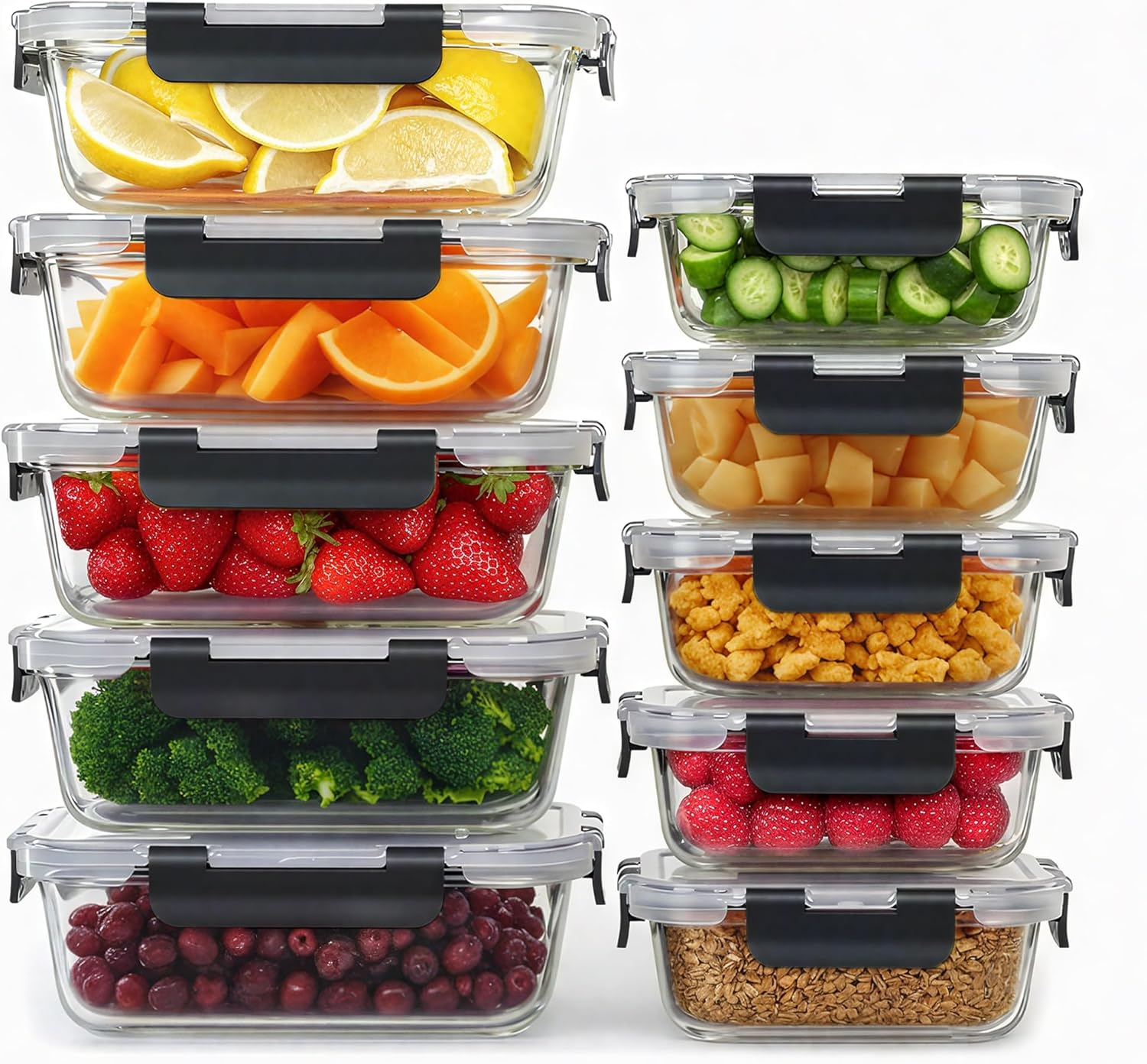 LIKHOPER Glass Food Storage Containers Set of 10 &ndash; 5 Small (370Ml) + 5 Large (1040Ml) Square Meal Prep Boxes with Lids, Leakproof Design for Lunch, Fridge, and Kitchen Storage image number 3