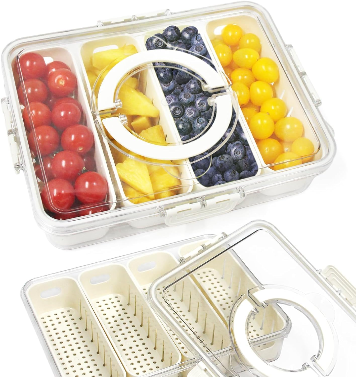Divided Serving Tray with Lid & Handle, 4 Compartments Snacks Box, Snack Fruit Fresh-Keeping Tray, Veggie Tray, Portable Snack Platter for Candy Fruits Nuts Snack Party Entertaining Picnic image number 1