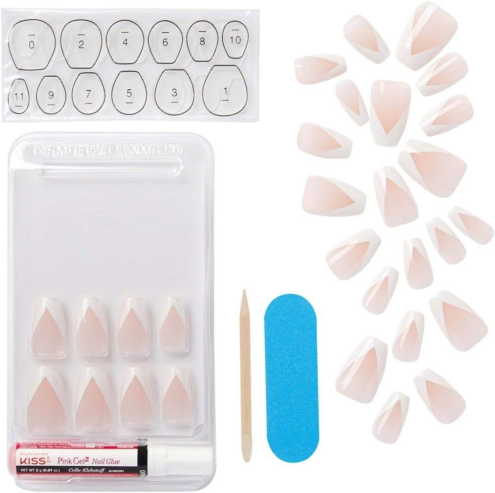 KISS Classy French Nail Manicure Kit with Gel Finish, Medium, Coffin Shaped, &ldquo;Silk Dress&rdquo;, Gel Nail Kit Includes Pink Nail Glue (Net Wt. 2 G / 0.07Oz.), Mini File, Manicure Stick, and 28 Fake Nails