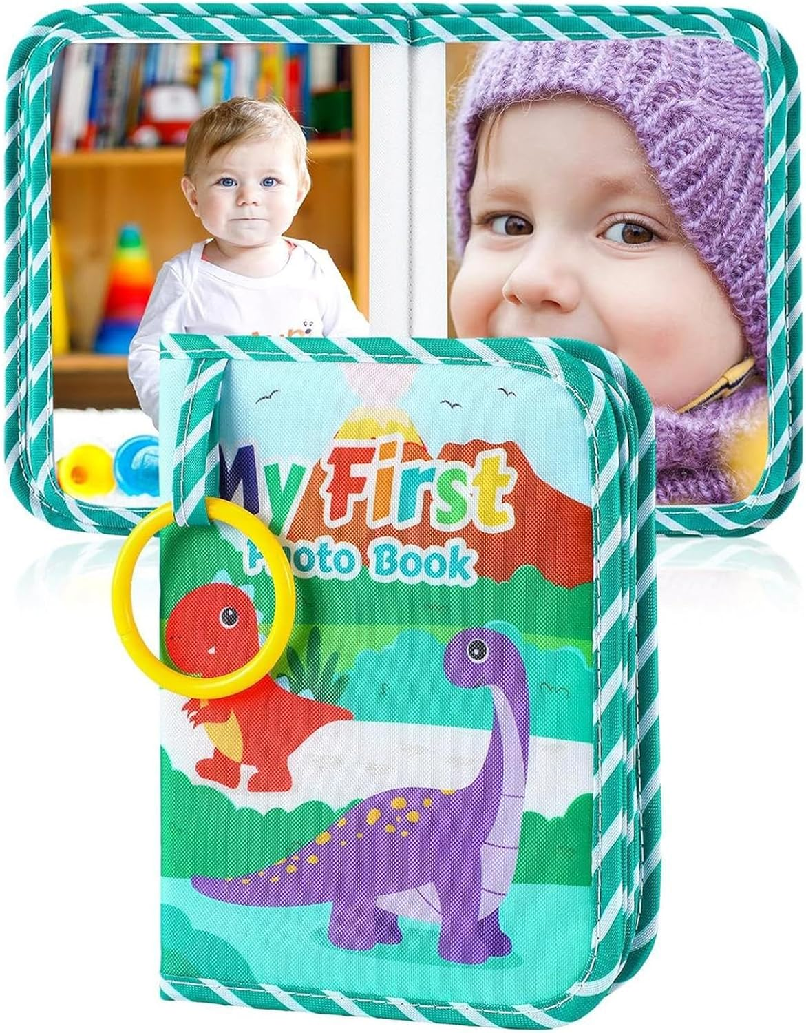 Baby First Photo Album - Sweet Runny Dinosaur Book | Playful Portable Album with Safe Mirror for Moments Family Birth Birthday image number 3
