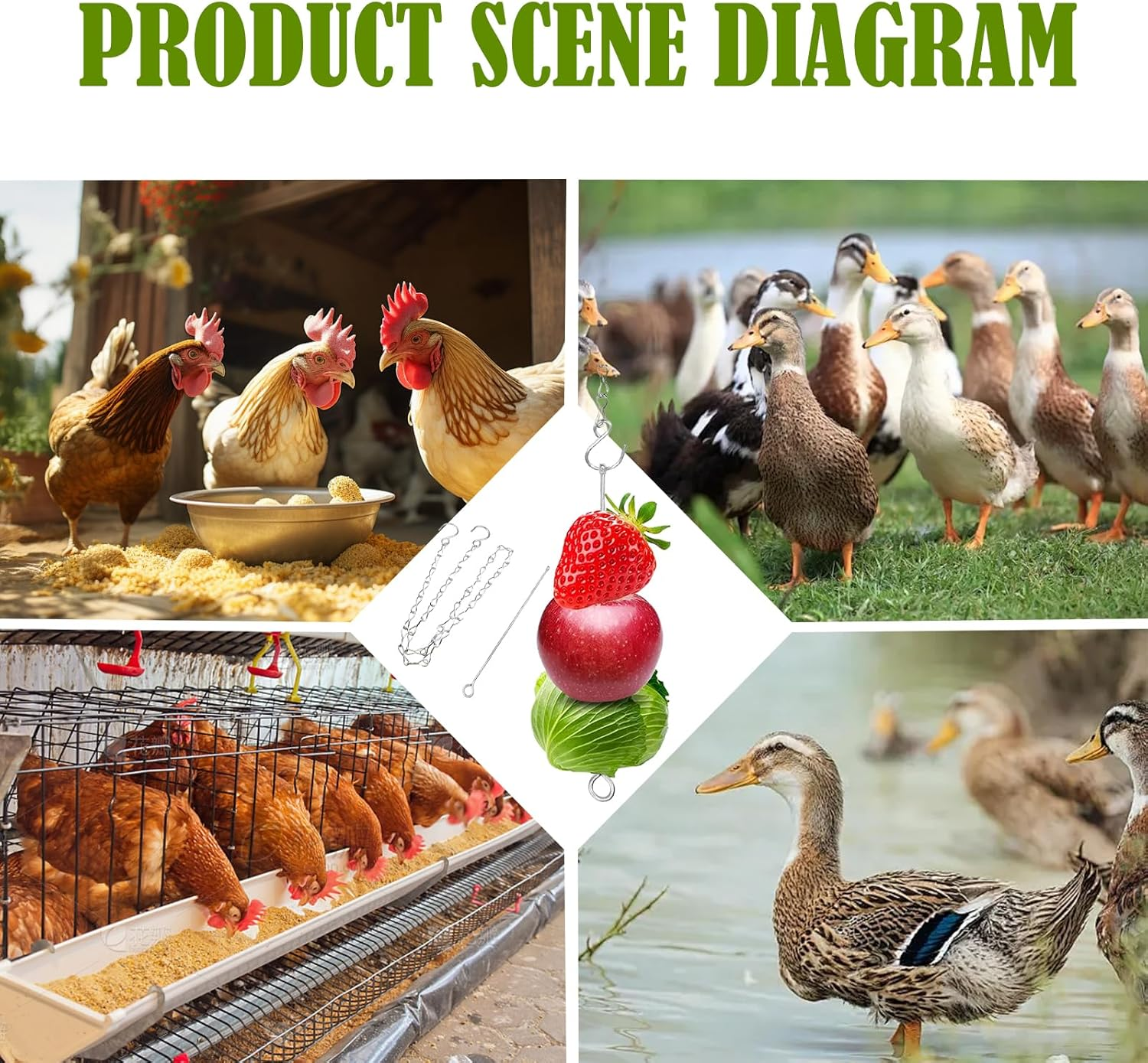 Pack of 2 Chicken Feeder for Hanging, Chicken Accessories, Toy, Fruit Fork Made of Stainless Steel for Chicken with Hook, Automatic Feeder for Chicken Vegetable Skewer, Bird Vegetable Skewer image number 3