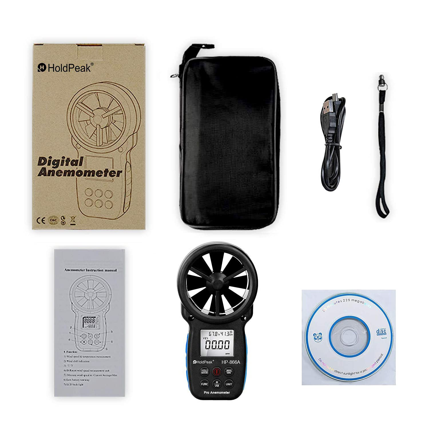 Digital Anemometer Handheld HVAC HP-866A Pro CFM Wind Speed Meter PC Connect Measures Wind Speed Temperature Dew Point Air Flow Meter with Data Hold & USB & Relative Humidity image number 5