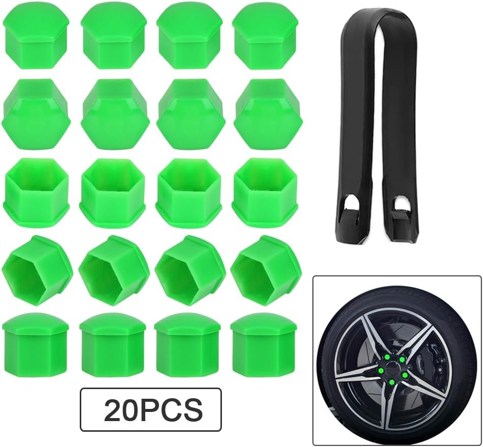 Qitindasen Pack of 20 17 Mm Car Wheel Nut Covers, Universal Tyre Nut Caps, Hexagonal Car Hub Screw Cover with Removal Tool (Green) image number 3