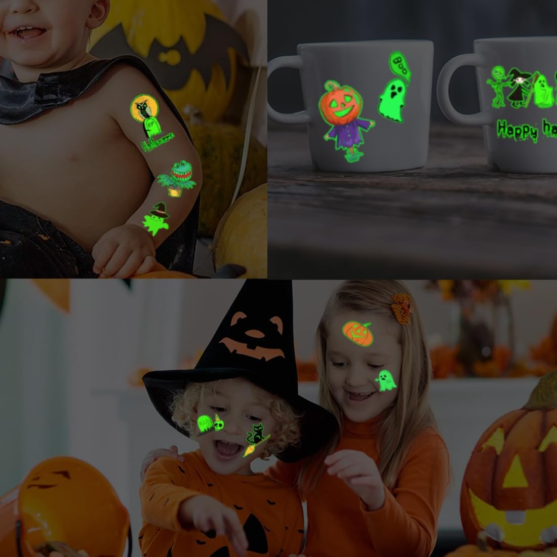 CHARLENT Luminous Temporary Halloween Tattoos for Kids Party Supplies - 100 Styles Glow in the Dark Halloween Pumpkin Ghost Skeleton Tattoos for Boys and Girls, Halloween Party Favors image number 2