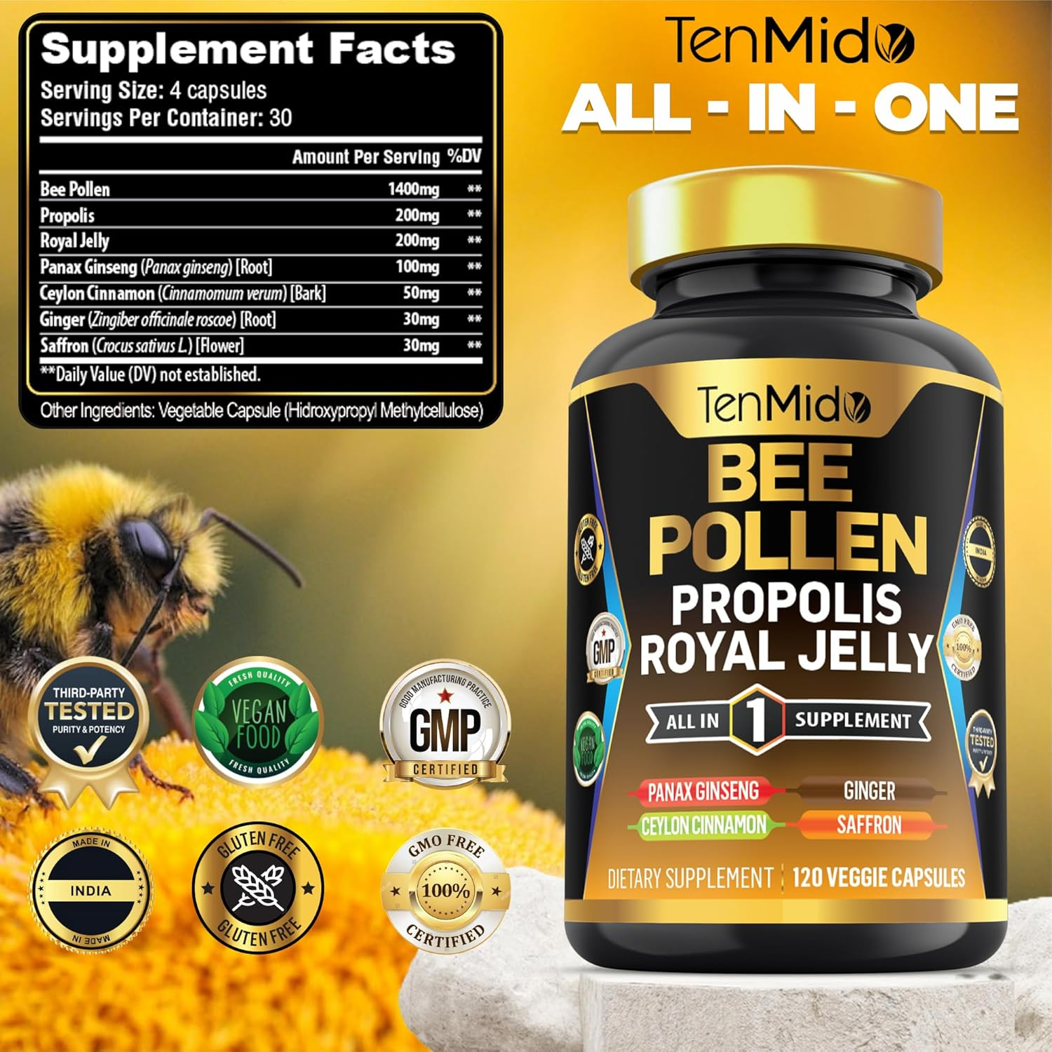 Organic Bee Pollen Supplement - 7In1 Formula - Combine with Propolis, Royal Jelly, Panax Ginseng, Ceylon Cinnamon, Ginger, and Saffron - Digestive Health, Immune Support - 120 Capsules image number 5
