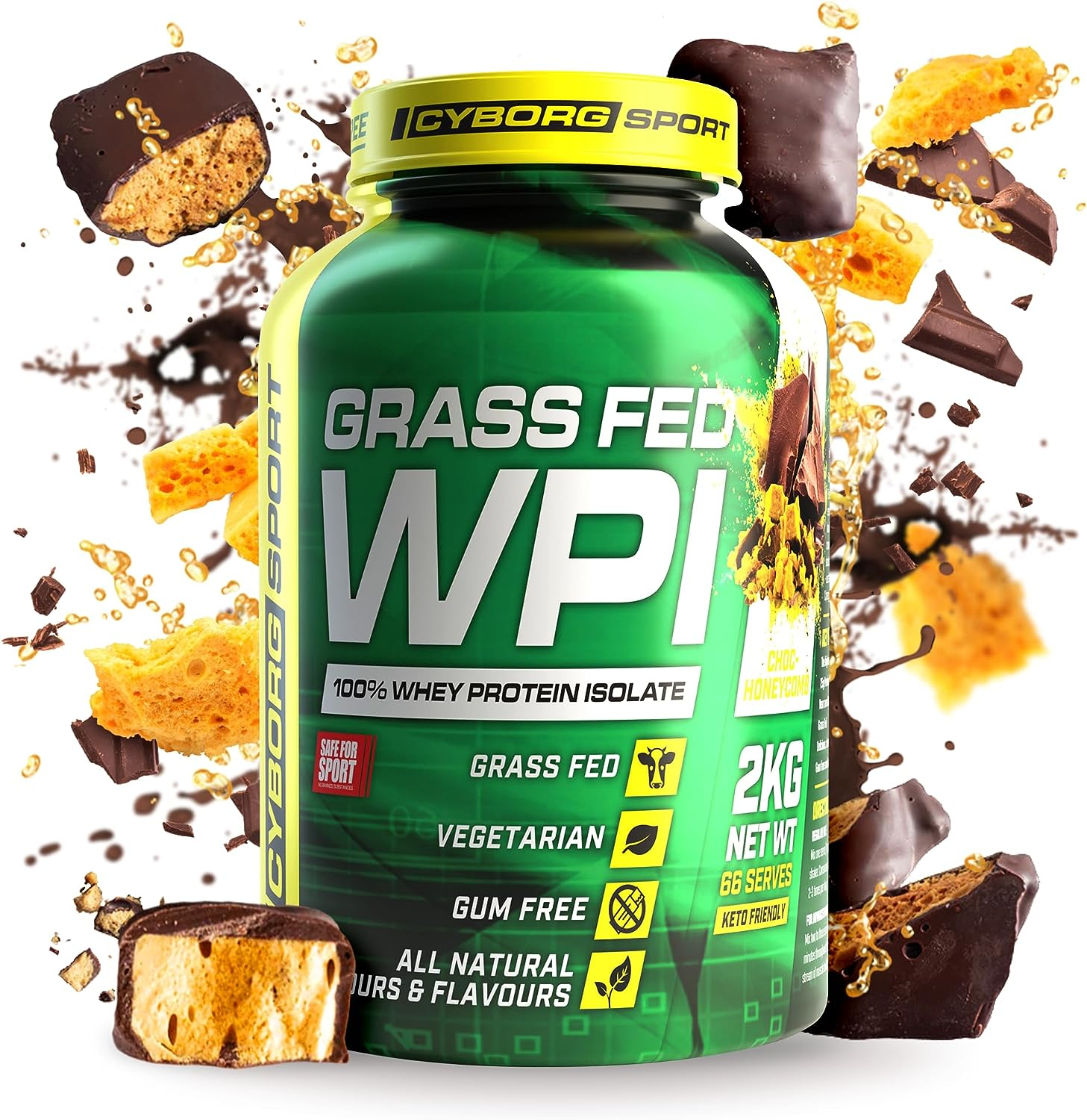 CYBORG SPORT - GRASS FED WPI Choc-Honeycomb 2Kg: 100% Whey Protein Isolate - Vegetarian - Gum Free - All Natural Colours & Flavours - King of Proteins - Essential Amino Acids - Keto Friendly image number 1