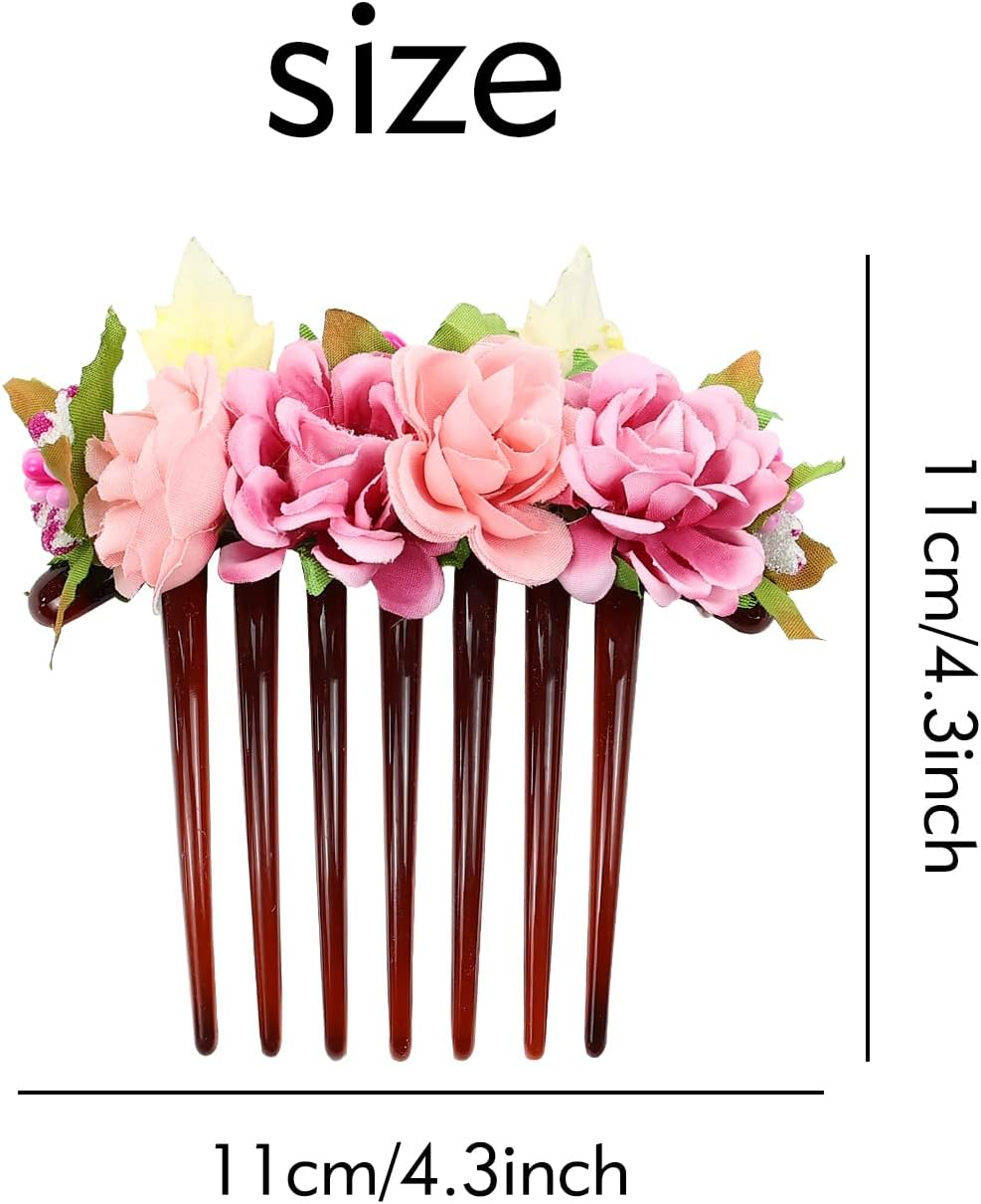 Cinaci 4 Pack Artificial Flower Plastic Hair Side Combs Slides Clips Rose Floral Wedding Bridal Headpieces Hairpins Barrettes Bun Chignon Hair Accessories for Women Flower Girls Brides Bridesmaids
