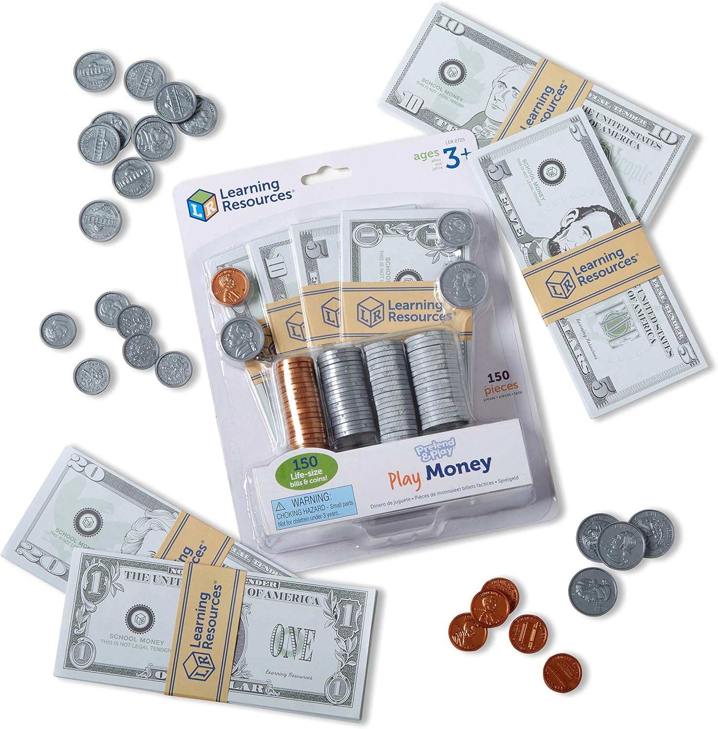 Learning Resources Pretend & Play - Play Money for Kids, Counting, Develops Early Math Skills, Currency, Coins and Bills for Kids, 150 Pieces, Ages 3+ Multicolor LER2725 image number 5