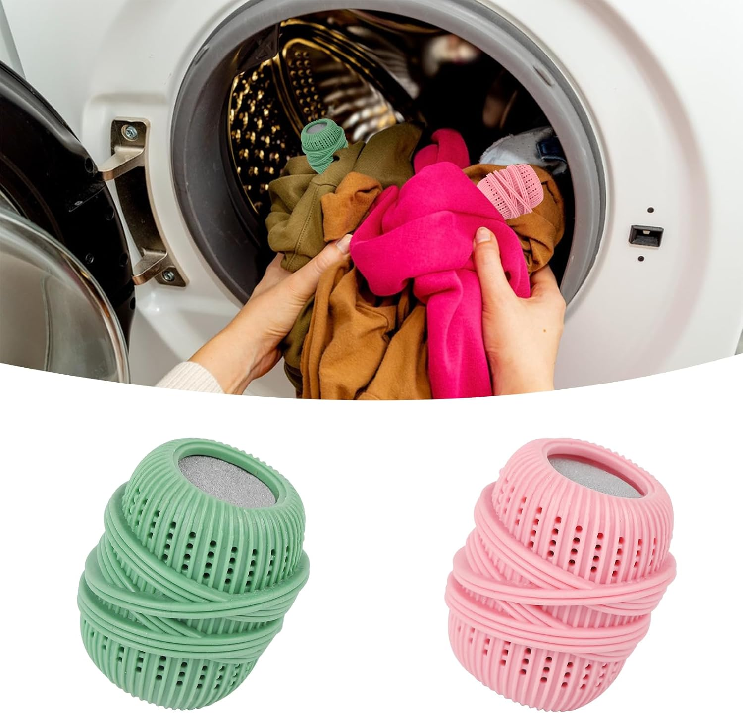 2 Pcs Reusable Washing Machine Lint Remover Balls, Anti-Entanglement Laundry Balls with Sponge for Deep Cleaning, Multi-Functional Eco-Friendly Washer Balls for Pet Hair & Lint Removal (Green & Pink) image number 2