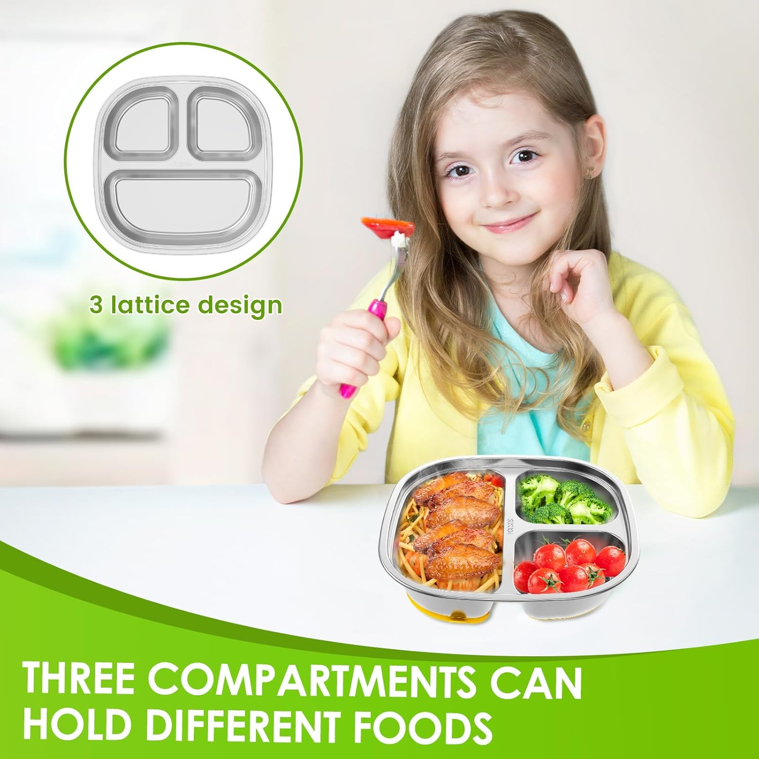 Stainless Steel Kids Plates Divided Designed, Metal Kid Plate Safe Versatile, Divided Plates Reusable Baby Suction Plates, Easy to Clean Toddler Plate for Kids image number 4