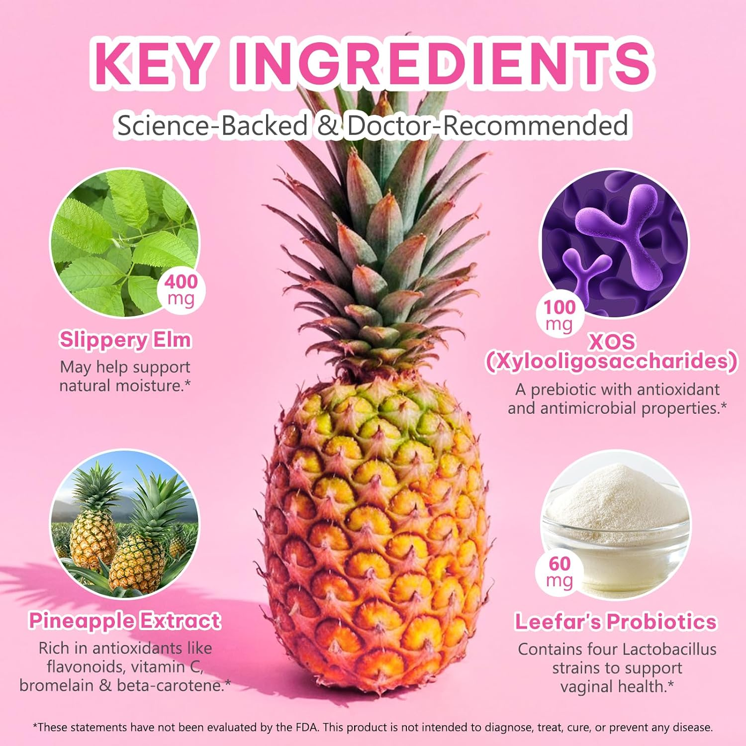 Women'S Probiotic Gummies + Slippery Elm | Supports Ph Balance, Digestive & Immune Health | with Prebiotics & Lactobacillus Blend | Pineapple Flavour | 60 Vegan Gummies image number 2