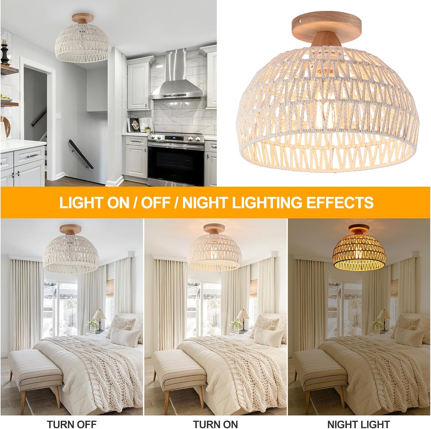 Oninio Rattan Ceiling Light,Boho Semi Recessed Ceiling Light,Handmade Lighting Fixtures,E27 Vintage Chandelier Rustic White Rattan Lamp for Living Room Bedroom Dining Kitchen Bulb Not Included - Rattan Lamp/2-Lights/Brown/12Cm image number 7