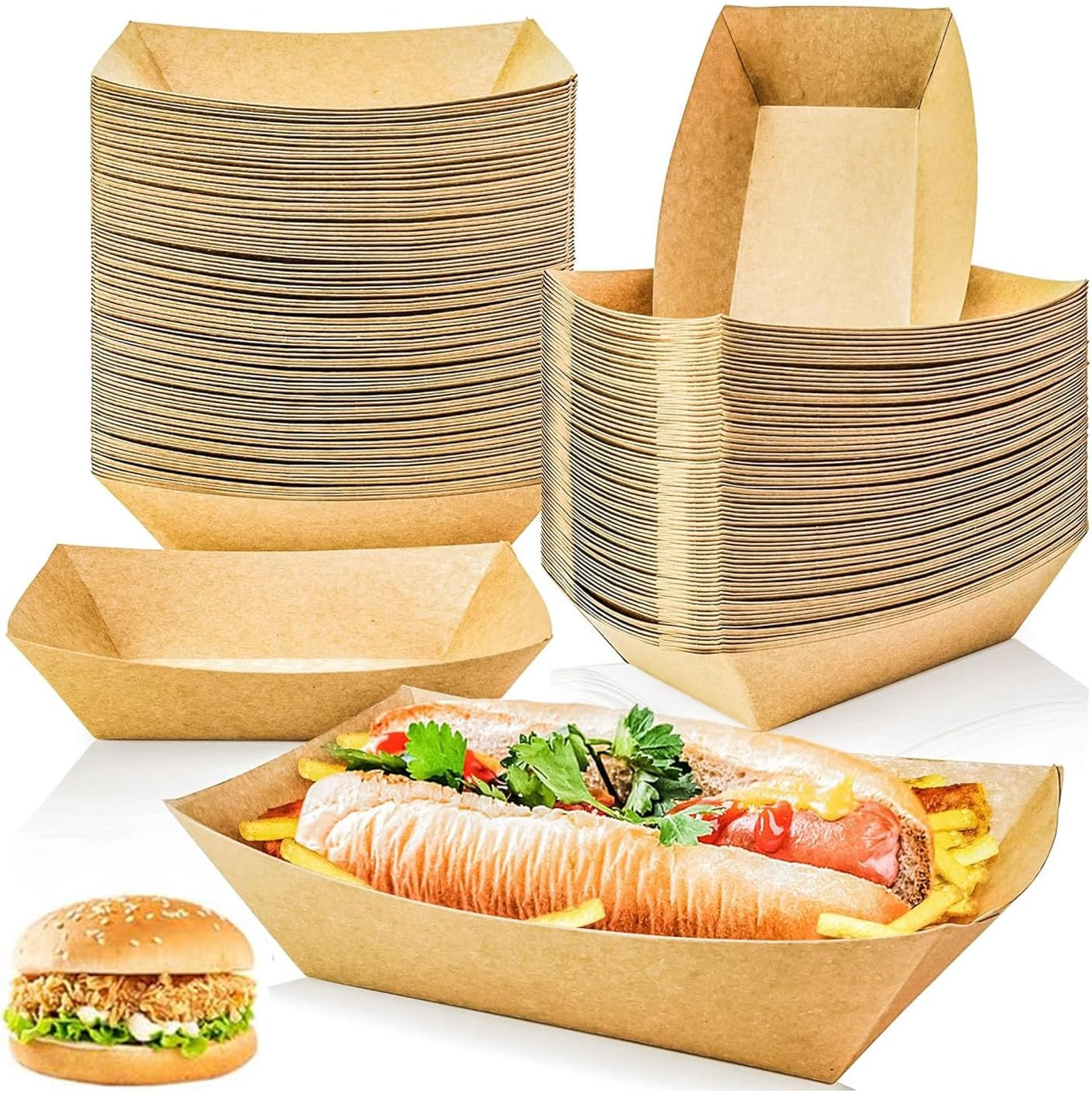 Paifeancodill Paper Hot Dog Tray, 100 Pcs Disposable Kraft Paper Food Tray, Hot Dog Boats Grease Proof Food Boats, Disposable Food Serving Trays, Take Out Food for Hot Dog Nacho French Fries (19.5 Cm)