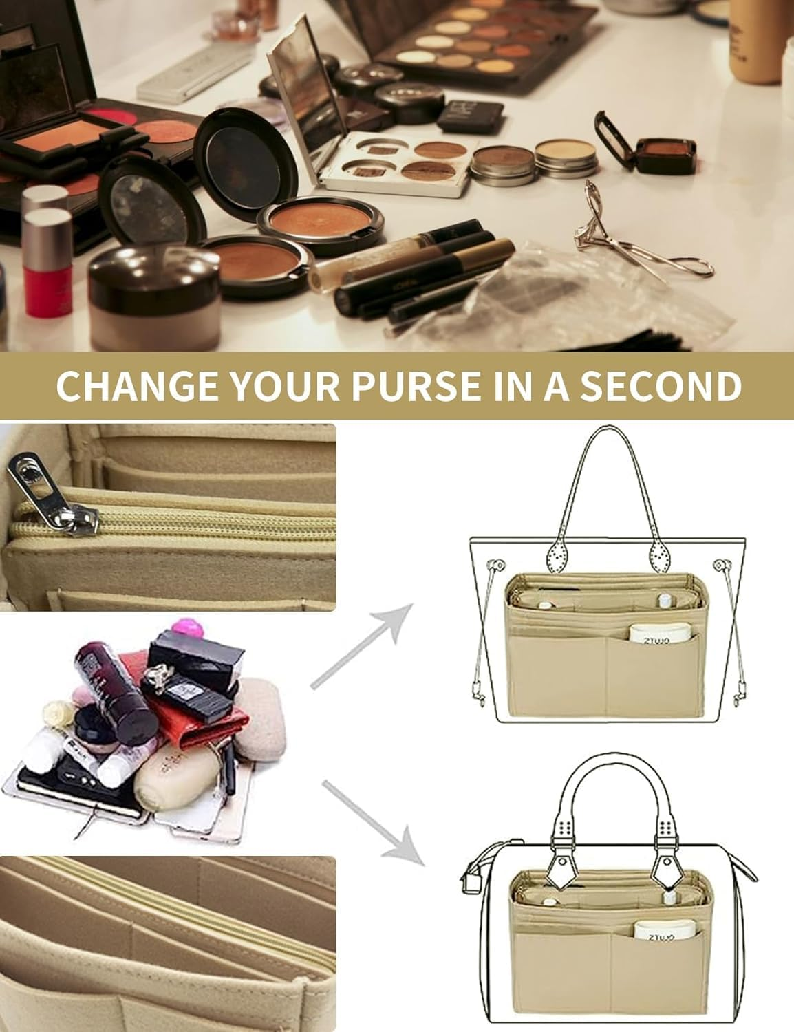 Purse Organizer Insert, Handbag Purse Organizer, Multi Pocket Wallet Organizer, Backpack Liner Organizer, Handbag Tote Shaper, Felt Bag Organizer with Zipper, Felt Bag Organizer for Tote (GREY) - Pk image number 2