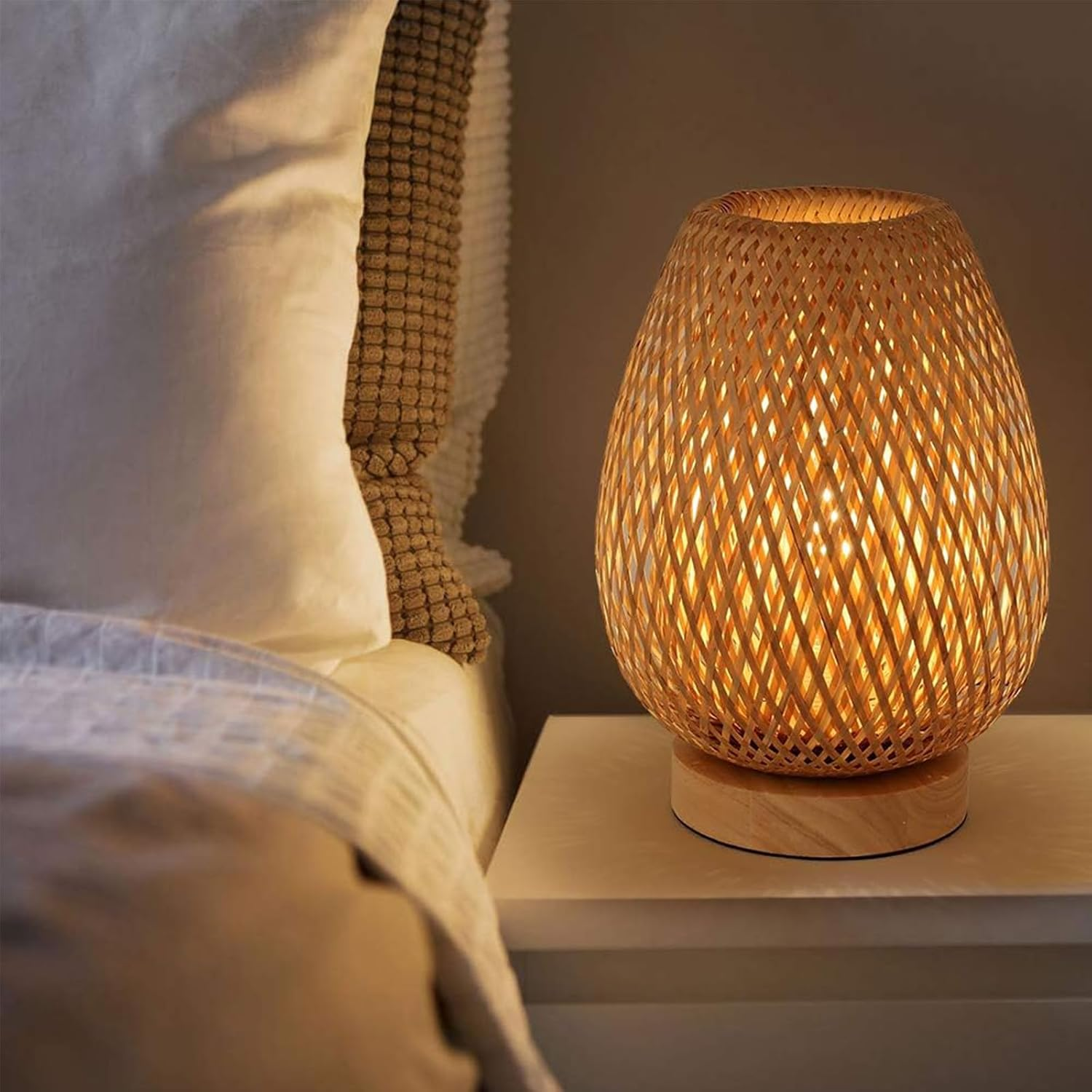 Handmade Bamboo Woven Table Lamp, 3 Color and Stepless Dimmable Small beside Lamp, Vintage Wooden Base Nightstand Lamp, Decorative Reading Light for Bedroom, Living Room, Kids Room.