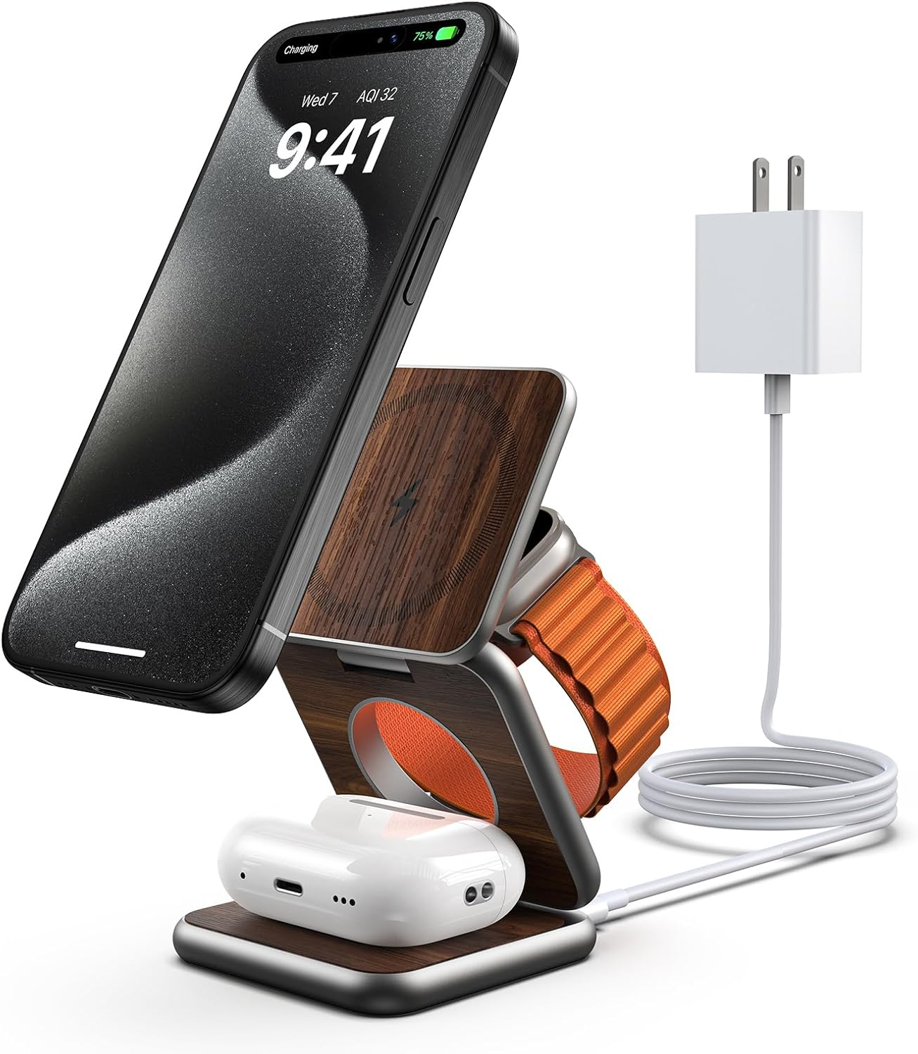 KU XIU X40 Magnetic Wireless Charger, 3 in 1 Wireless Charging Station for Apple Devices, Foldable Portable Fast Charging Stand for Iphone 17/16/15/14/13/12 Pro Max & Apple Watch, Airpods - Wood Grain image number 6