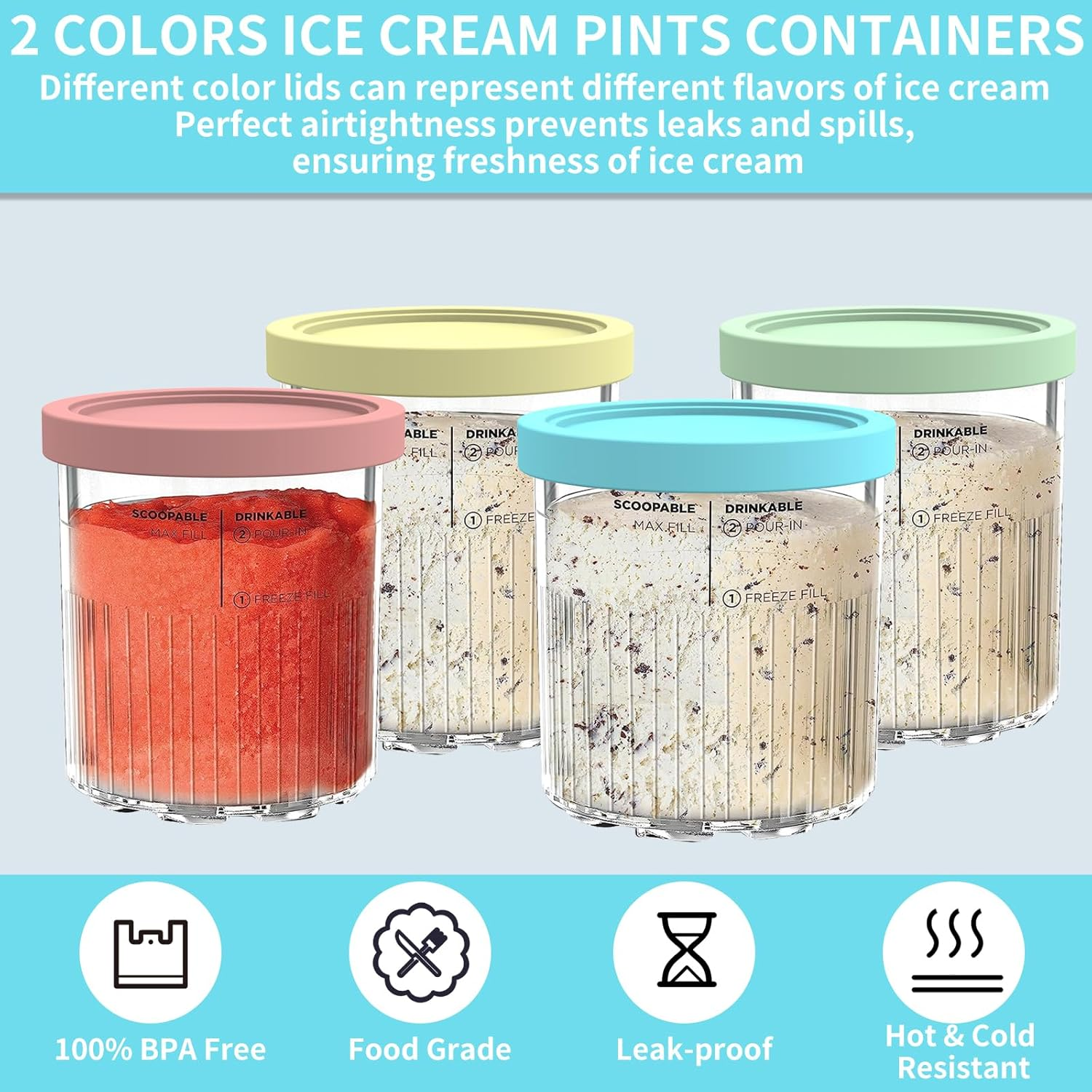 YUSFKJ Replacement for Ninja Creami Pints and Lids - 4 Pack NC501, Compatible with NC501 NC500 Series Deluxe Ice Cream Makers, Pint Containers Leak Proof Lids, Dishwasher Safe Transparent image number 2