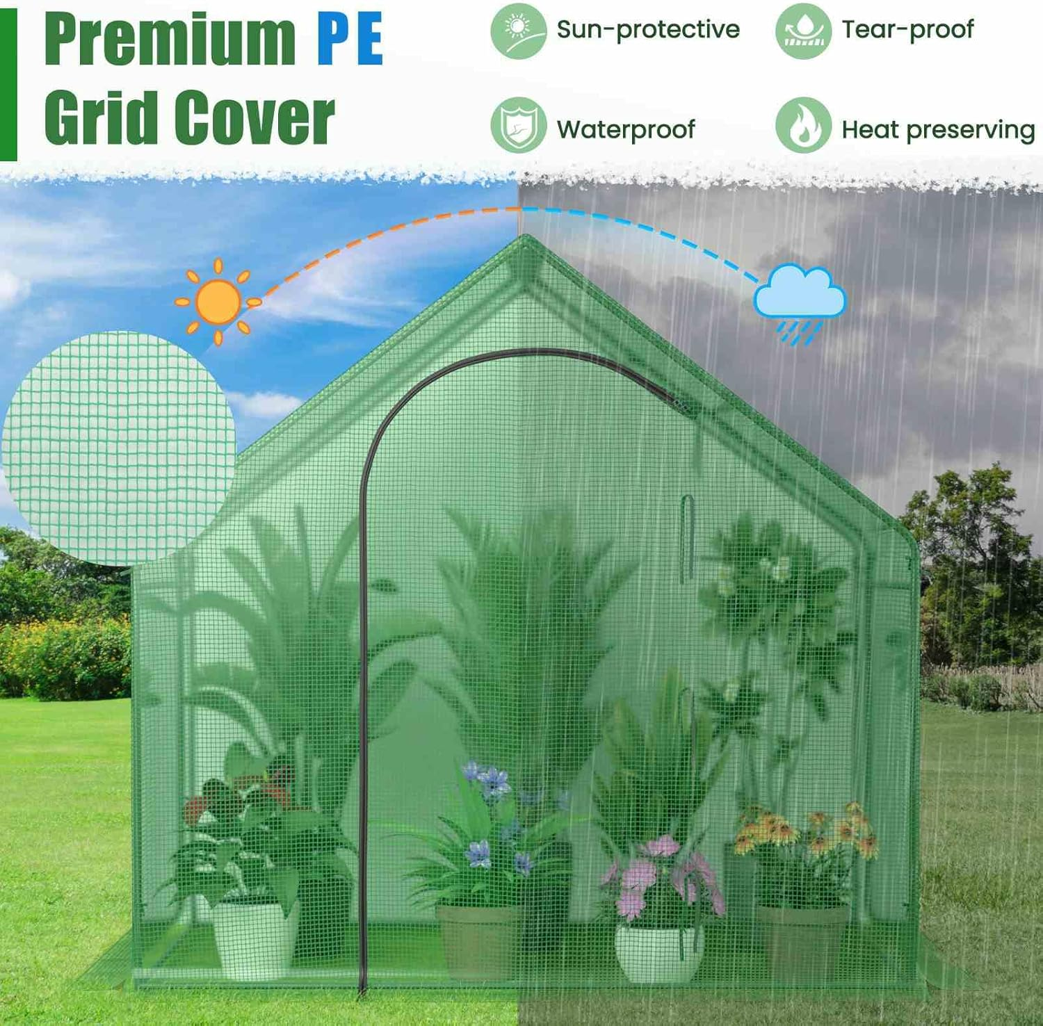 Costway 1.79 X 1 X 1.67M Mini Walk-In Greenhouse, Portable Outdoor Warm House for Winter W/ PE Cover, Rustproof Pe-Coated Metal Frame, Roll-Up Zippered Door, Window, Garden Yard Hot House Tent image number 3