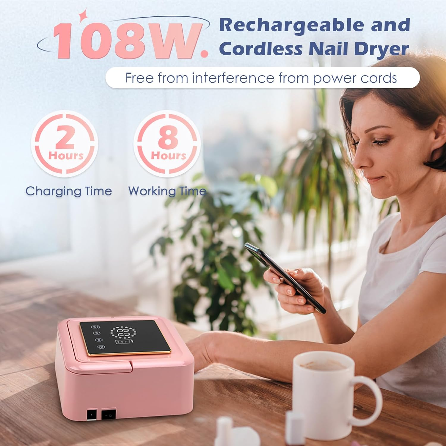 Madenia Rechargeable UV Nail Lamp: 108W Professional UV LED Nail Lamp for Gel Nails Polish - Cordless Nail Dryer Curing Lamp with 4 Timers Auto Sensor and LCD Display for Home & Nail Salon Use, Pink image number 5
