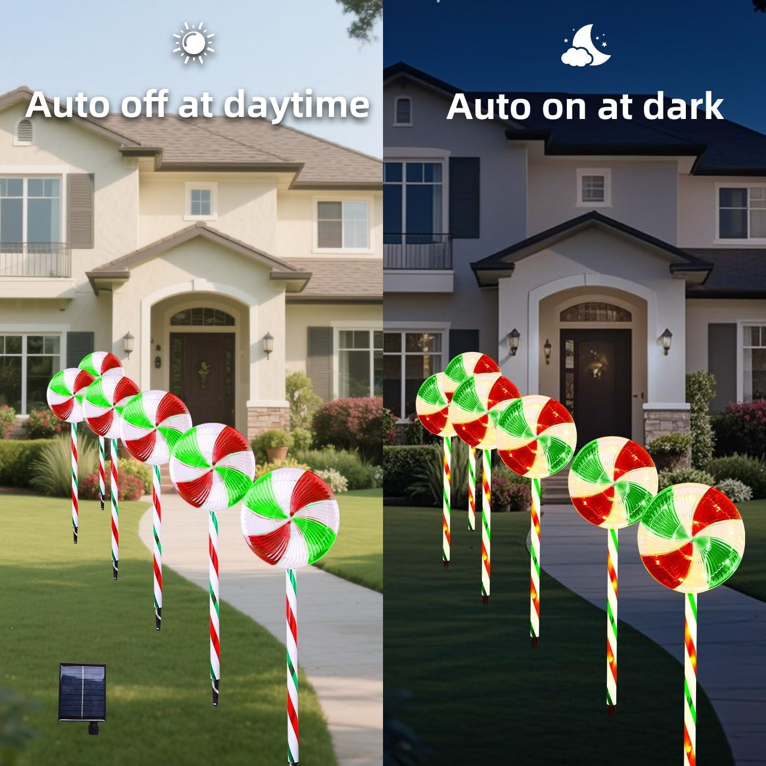 QINER Christmas Solar Lollipop Lights, 4 Pcs with 8 Modes, Green, Warm White, Outdoor Holiday Decoration, Pathway Lighting image number 2