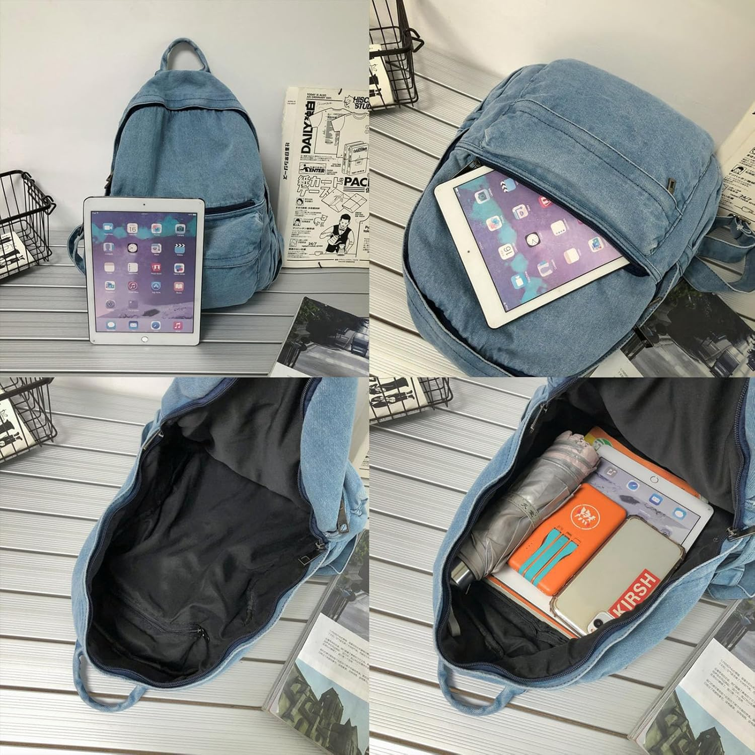 TYHOTULY Lightweight Travel Denim Backpack Vintage Daypack Y2K Backpack Multipurpose Adjustable Shoulder Bags for Women Men