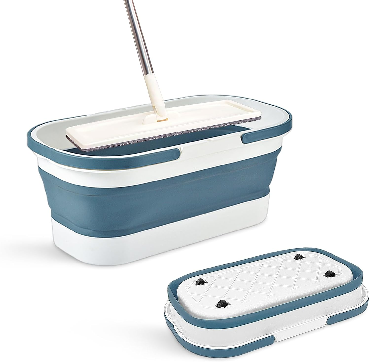 Goderewild Collapsible Plastic Bucket with Wheels 12L (3.17 Gallon) for House Cleaning, Camping, and RV - Multi-Purpose Rectangular Handy Basket for Cleaning Mop - Lightweight and Portable (Blue)