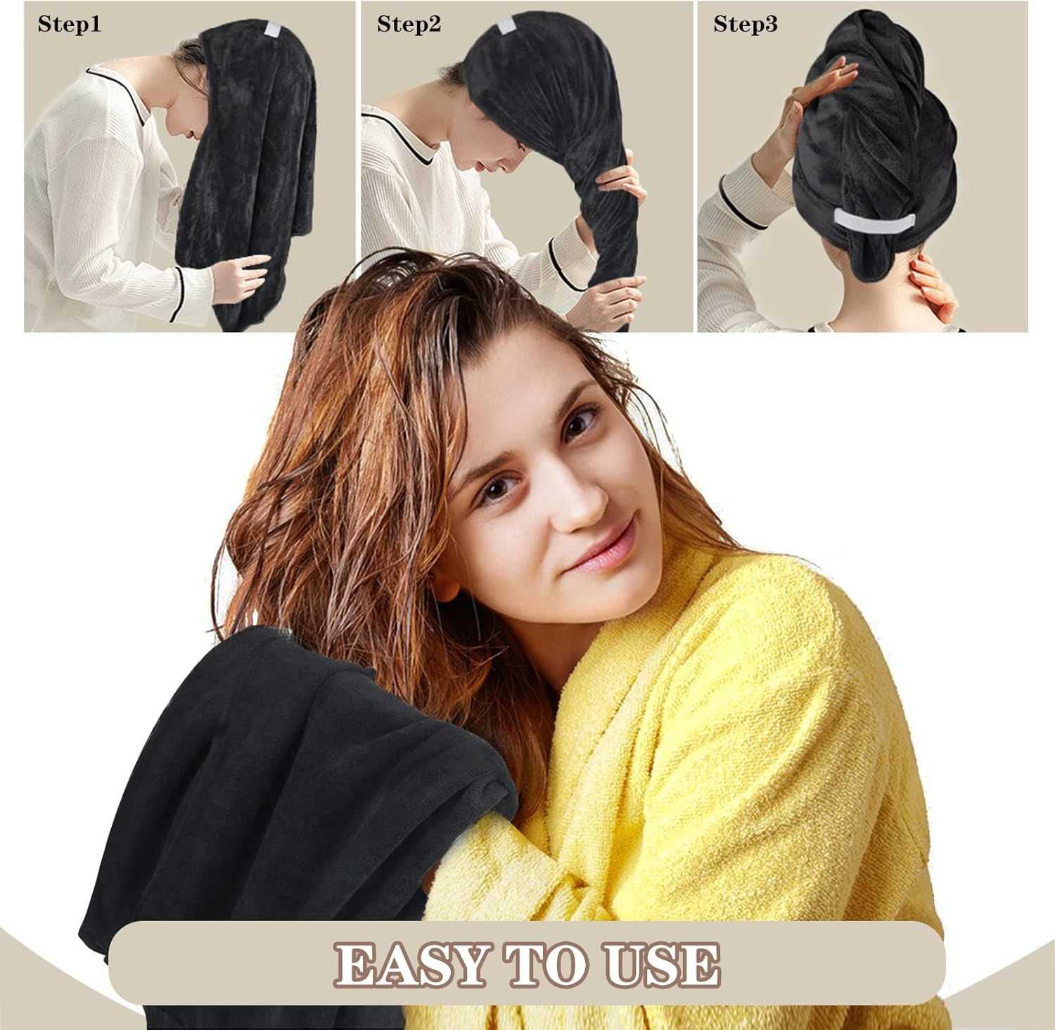 Sunland Microfiber Hair Towels anti Frizz Hair Drying Towel Super Absorbent Fast Drying Turbans for Wet Curly Hair Soft Hair Towel Wrap with Elastic Band for All Hair Types 40 X 20 Inches 2Pack Black image number 2