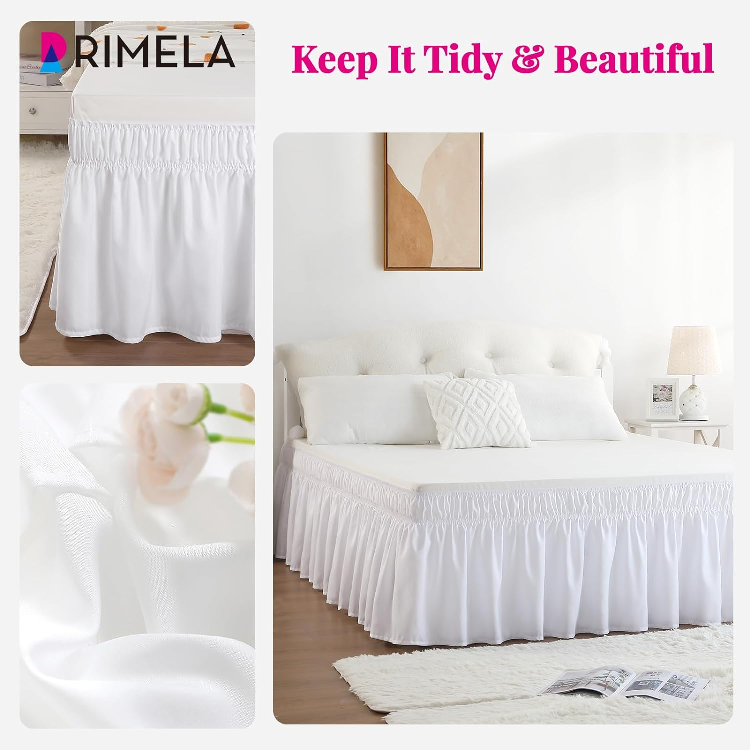 Bed Skirt Queen Size White Bed Skirt 14 Inch Drop, Wrap around Elastic Adjustable Bedskirt, Dust Ruffle for Bed Frame & Box Spring Soft Durable Fabric Machine Washable Easy to Install image number 4