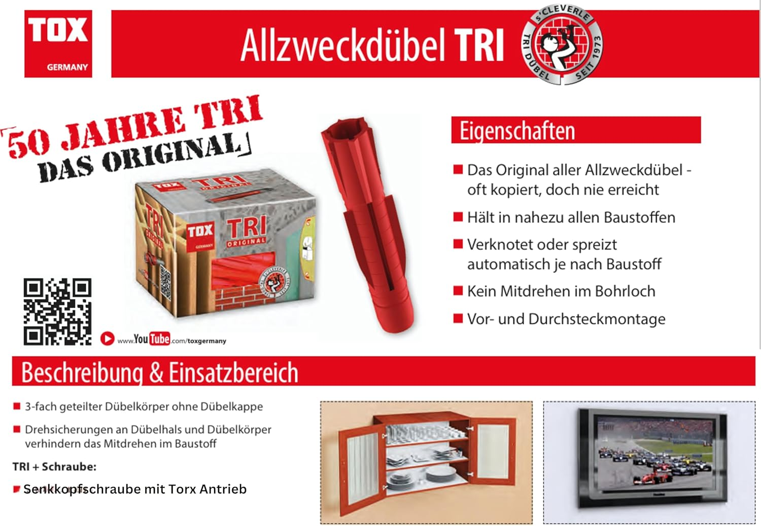 Tox TRI All-Purpose Dowels Assortment 277 Pieces in Practical Case Dowels + Screws + Bits Universal Dowels Mounting Assortment with TX Screws image number 3