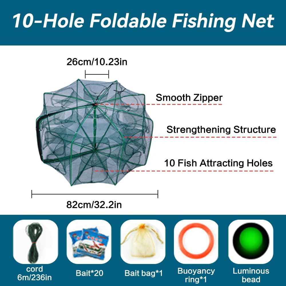 SUSOO Foldable Fishing Net with 10 Holes,Large 360&deg; Coverage Collapsible Bait Trap,Portable Nylon Fish Net Trap for Crayfish,Shrimp,Crab, Lobster and Minnow,Fishing Nets Use Easily in Second（32&rdquo;&times;10 &rdquo;） image number 1