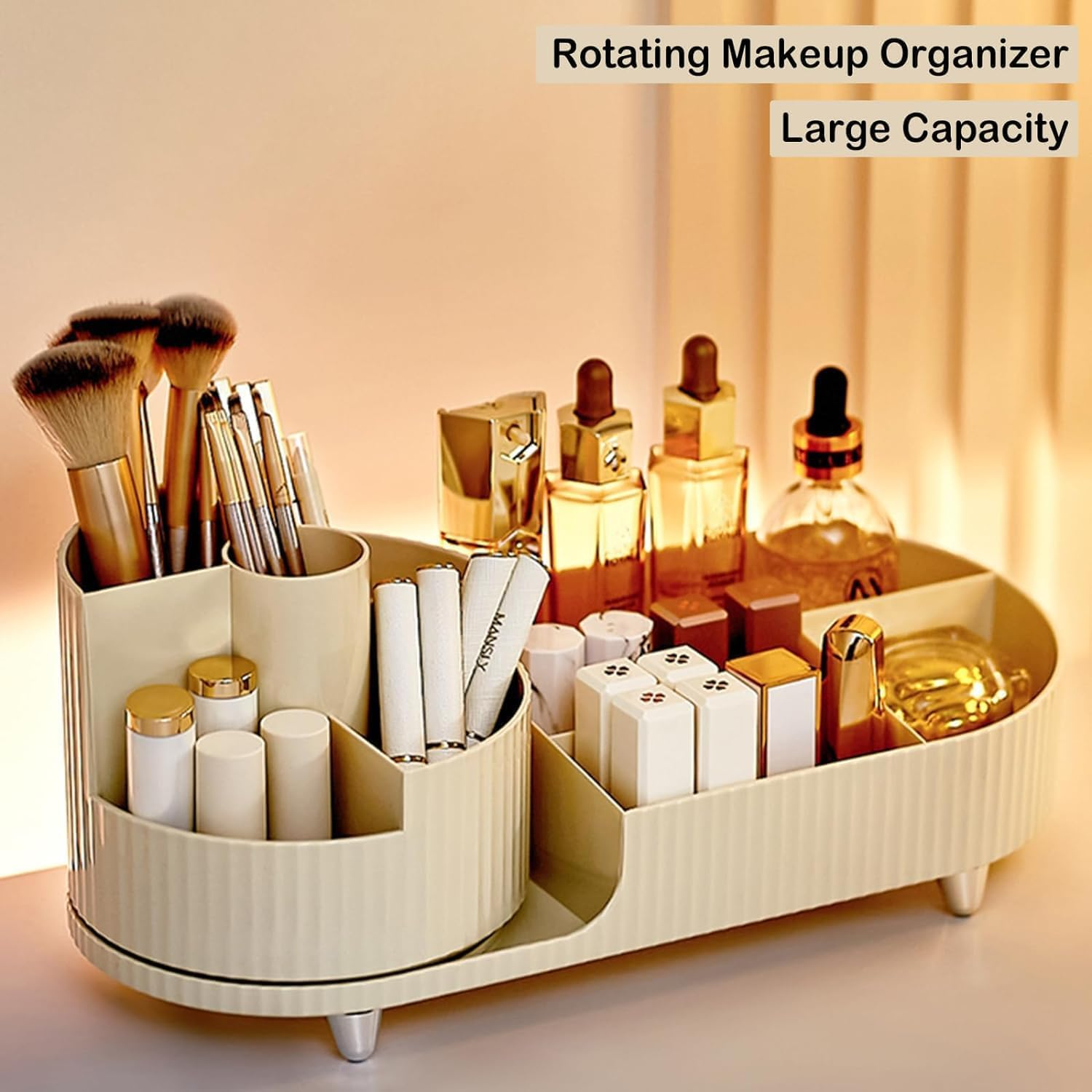 METOY Rotating Makeup Organizer,Large Capacity Cosmetic Display Case, Easy to Hold All of Your Makeup Products, at Least 20 Makeup Brushes/Eyeliner,10 Lipsticks,8 Skincare Products (Beige) image number 2