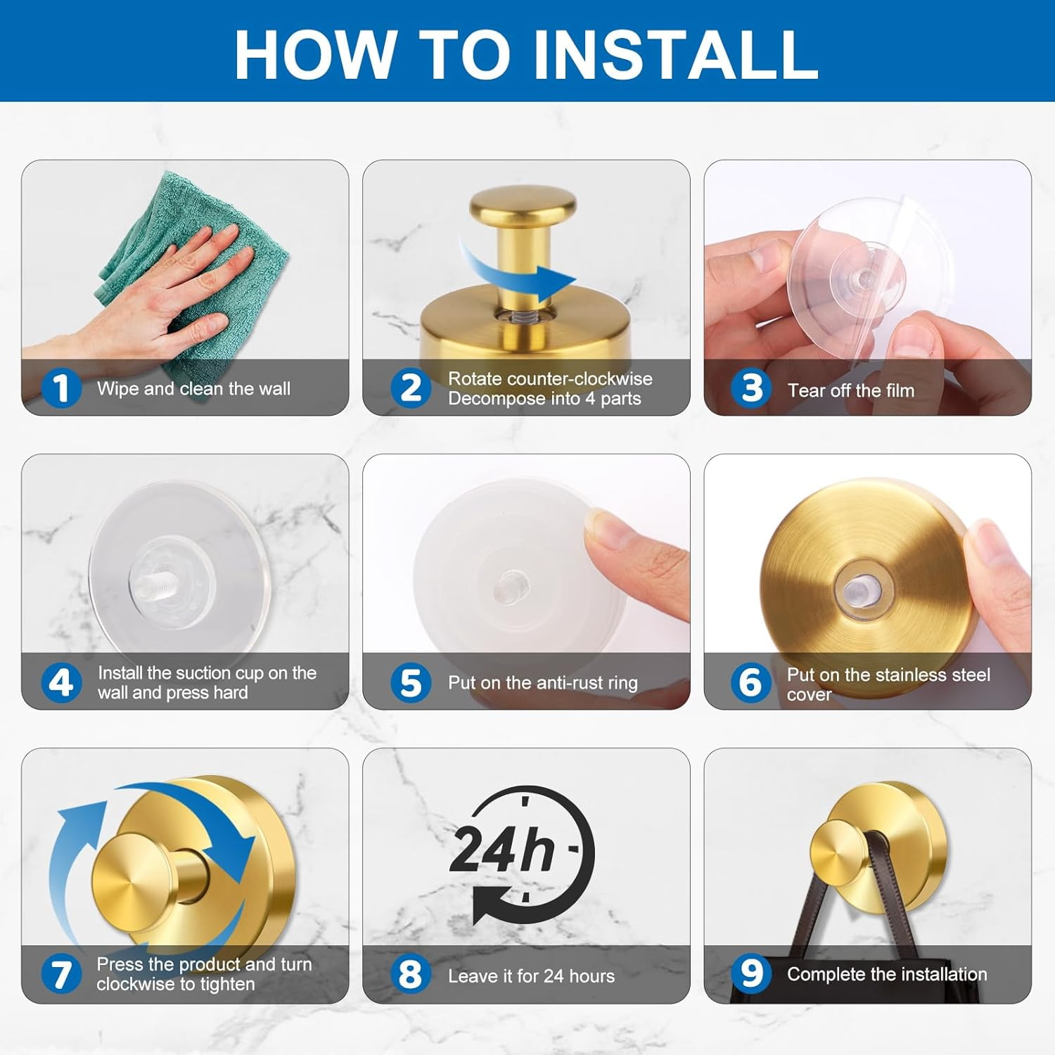 Suction Cup Hooks for Towels Robes, Stainless Steel Shower Hooks for Smooth Wall, Glass, Mirror, Tile in Bathroom Bedroom Kitchen to Hang Swimsuit Loofah Washcloths (4, Gold) image number 5