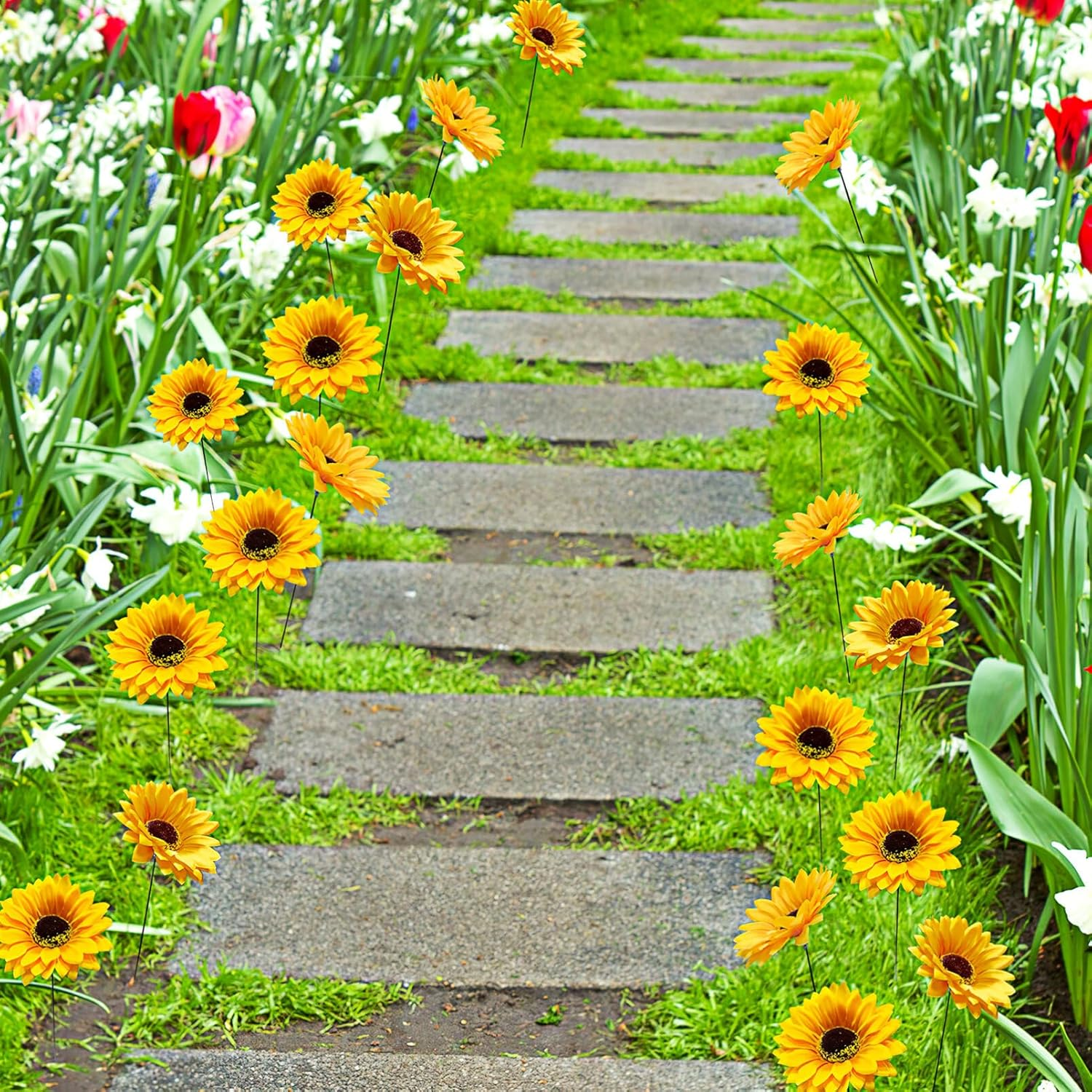 Alipis Metal Sunflower Stake, 5Pcs Rust Proof Yellow Silk Cloth Daisy Flower Stick Large Flower Yard Art Garden Decor for Outdoor Lawn Landscape