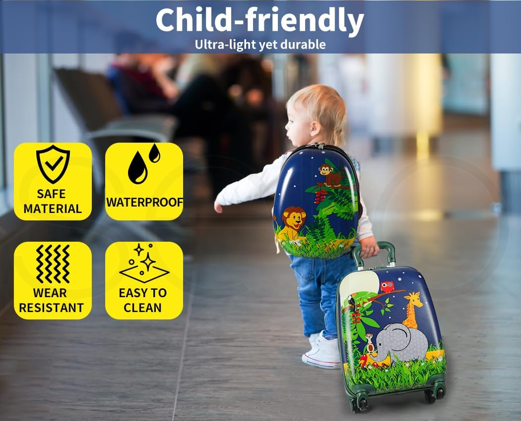 Bopeep 16''13'' 2PCS Kids Luggage Set Travel Suitcase Child Space Backpack Carry on Children Travel Rolling Trolley Suitcase, Retractable Handle, Lightweight Trolley Case for Boys Girls (Jungle)