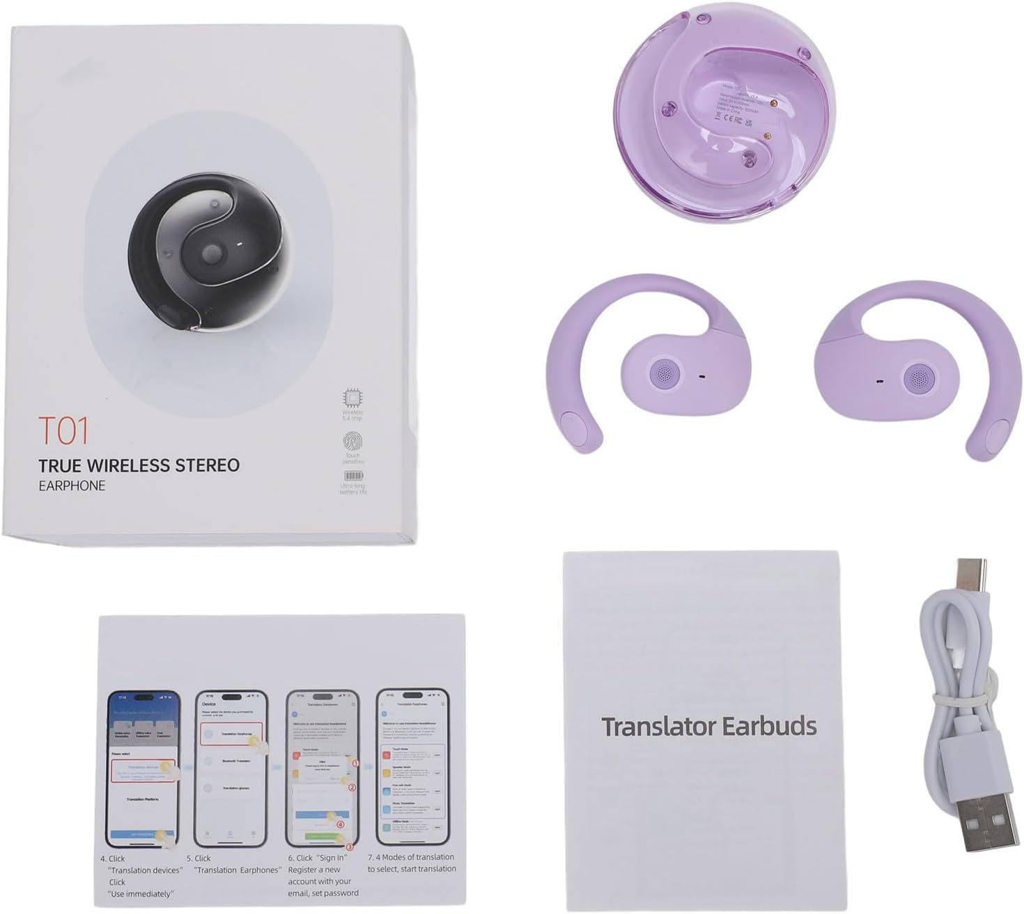 Pomya Language Translation Earbuds, Translator Earbuds Real Time, 144 Languages & Accents Online Translation Device with APP for Ios & Android, Bluetooth5.4 Wirelesss Clip on Earbuds, (Purple) - Purple image number 3