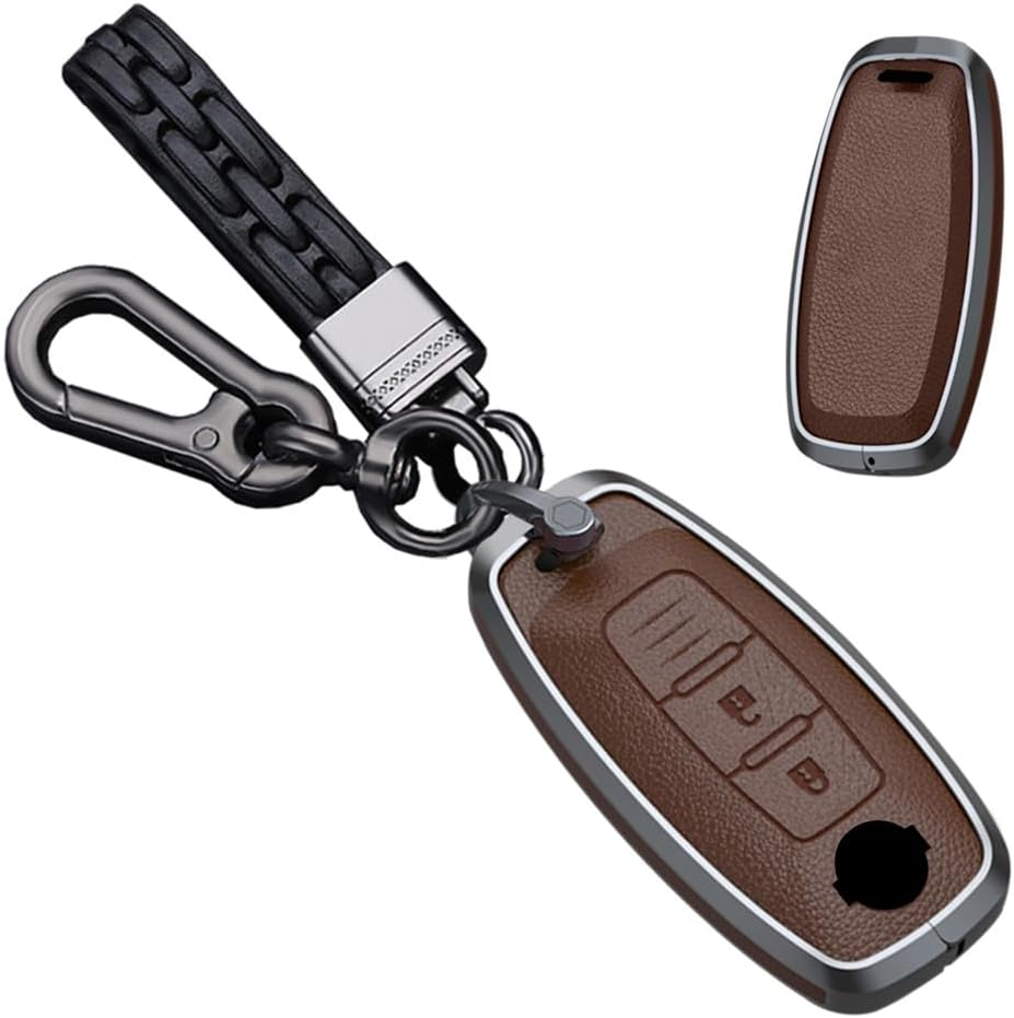 Key Fob Cover Case Metal Key Shell Full Protection Fit for Nissan Ariya Kicks X-Trail Rogue Leather Key Cover 3 Button, a Leather-Keychain-White