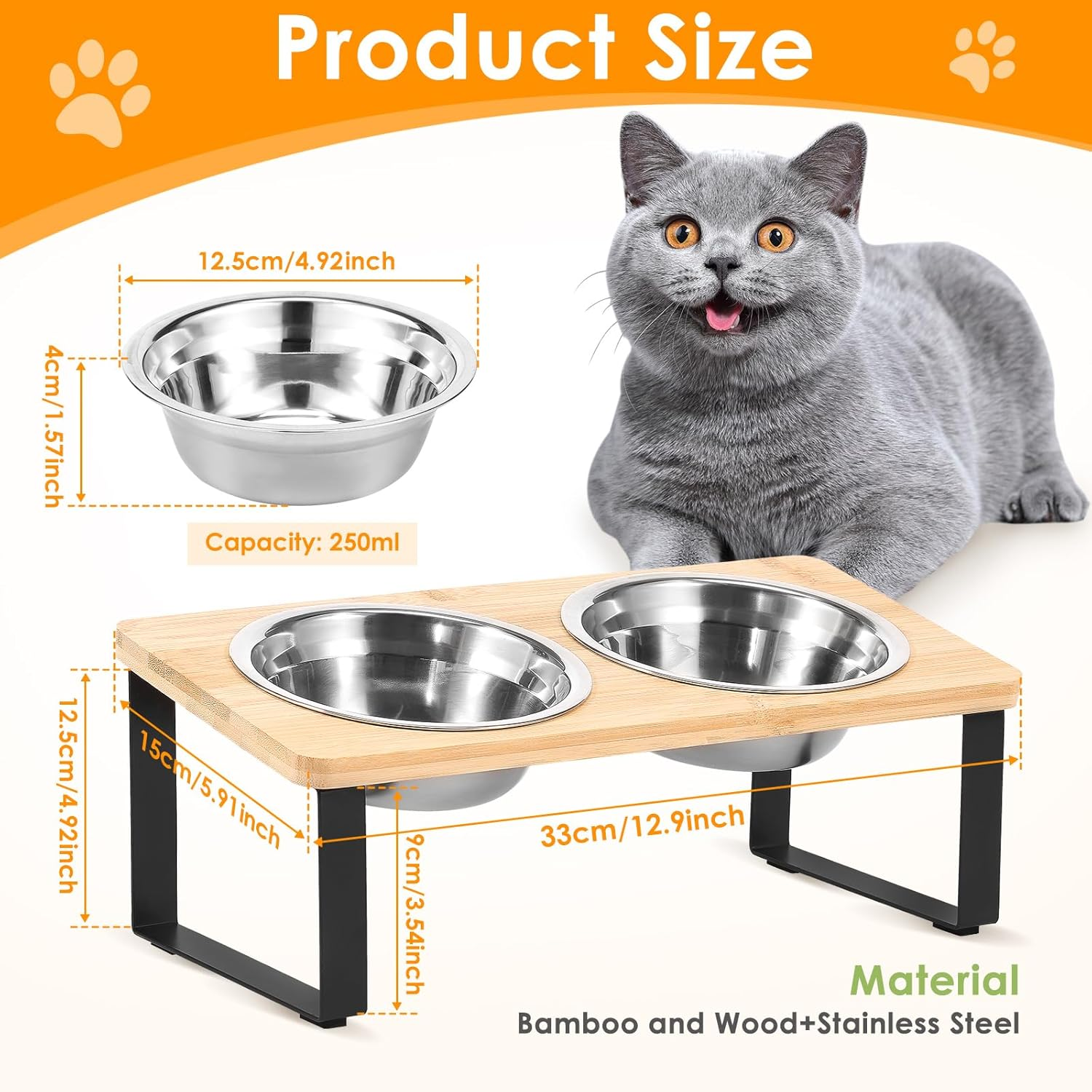 Elevated Cat Bowls Raised Cat Food Bowls 15 &deg;Tilted Pet Bowl Feeder Adjustable Dog Cat Water Bowls with 2 Stainless Steel Bowls for Dry Wet Protect Pet'S Spine, Whisker Stress Free anti Vomiting image number 4