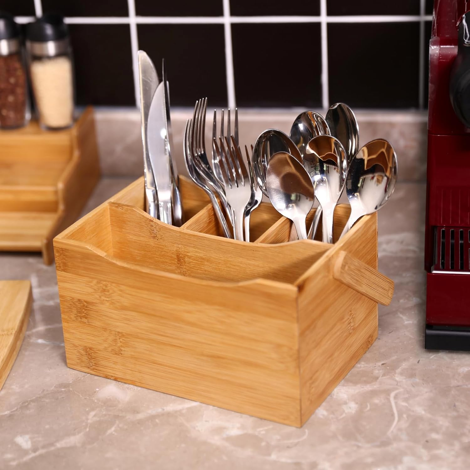 Sherwood Home Bamboo Cutlery Caddy Holds Knife/Fork/Spoon and Napkin/Serviette 4 Compartments Durable Eco-Friendly and Easy to Wash Carry Handle Built in (23X15X23Cm)