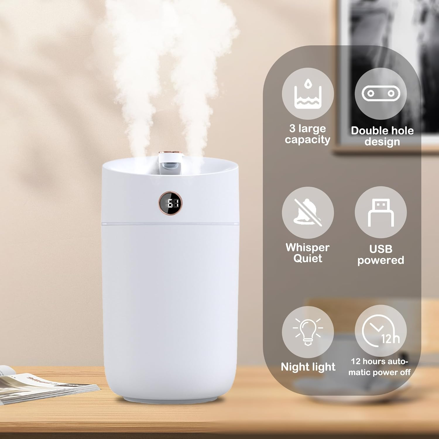 Humidifier, Air Humidifier for Bedroom 3L Large Capacity,Seven-Color Breathing Lamp,Double-Hole Spray,Silent Humidification,Portable,Usb Power Supply,White image number 5