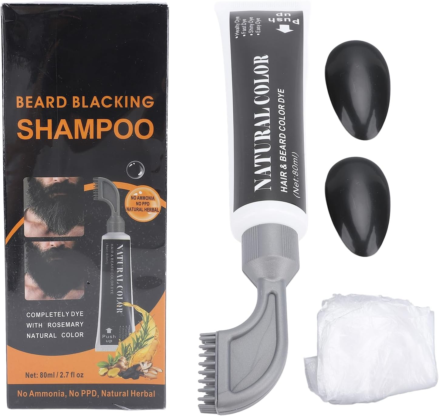 Beard Dye Shampoo, 80Ml Beard Dyeing Comb Black Beard Dye Shampoo for Mustache Long Lasting Black Beard Dye for Men image number 3