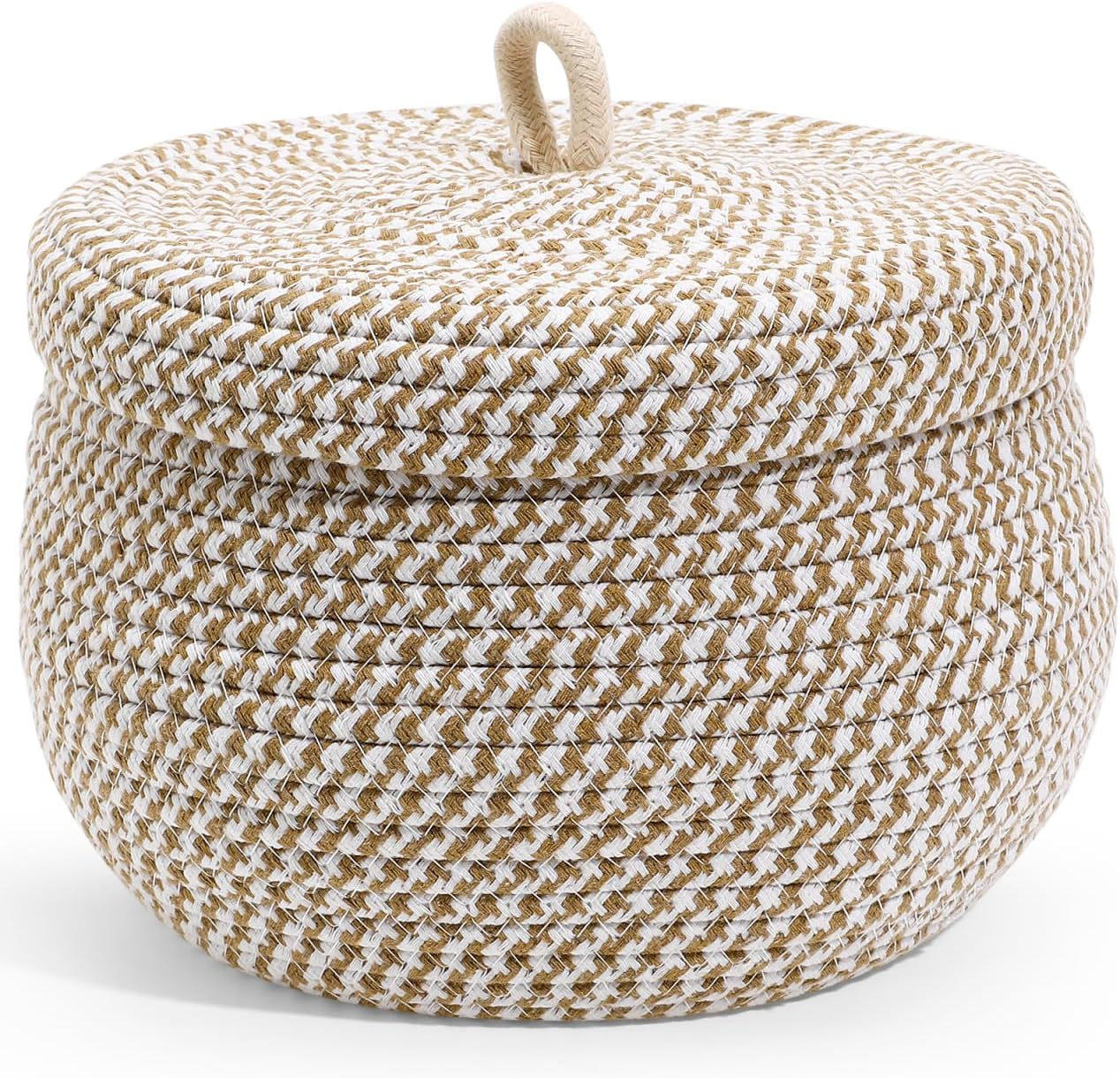 POPETPOP Cotton Rope Storage Basket with Lid round Woven Baskets for Home Organization Decorative Cotton Rope Holder for Snacks Cosmetics Sundries Stylish Storage for Any Room