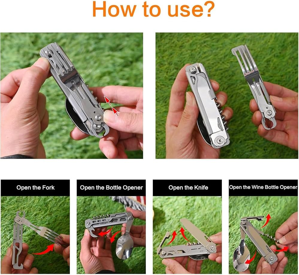 6-In-1 Multi-Functional Stainless Steel Portable Utensil Set &ndash; Detachable Cutlery for Camping, Travel, and Outdoor Adventures, Folding Spoon, Fork, Knife, Wine Bottle Can Opener Portable. image number 6