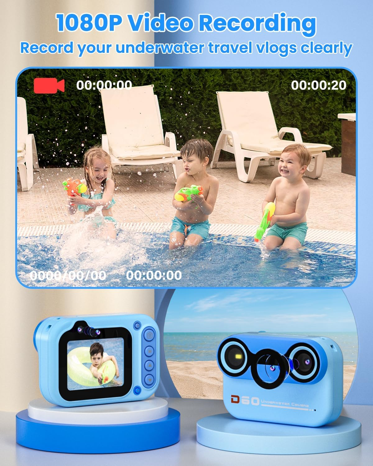 10FT Underwater Camera for Kids, Kids Waterproof Camera, 1080P Video Camera for Snorkeling, Christmas Birthday Gifts Pool Toys for Boys Girls Ages 4-12, Toddler Digital Action Camera with 32GB Card image number 2