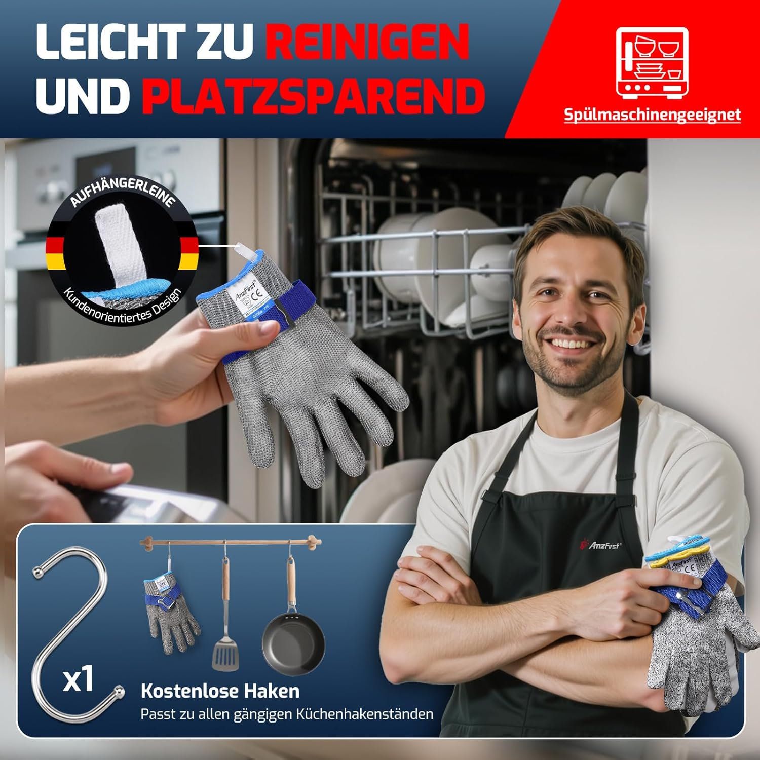 Amzfirst Cut Protection Gloves Kitchen, Powerful Level 9 Protection, Stainless Steel Wire Metal Mesh Work Gloves, Chain Glove, for Mandolin Cutting, plus Inner Gloves image number 3