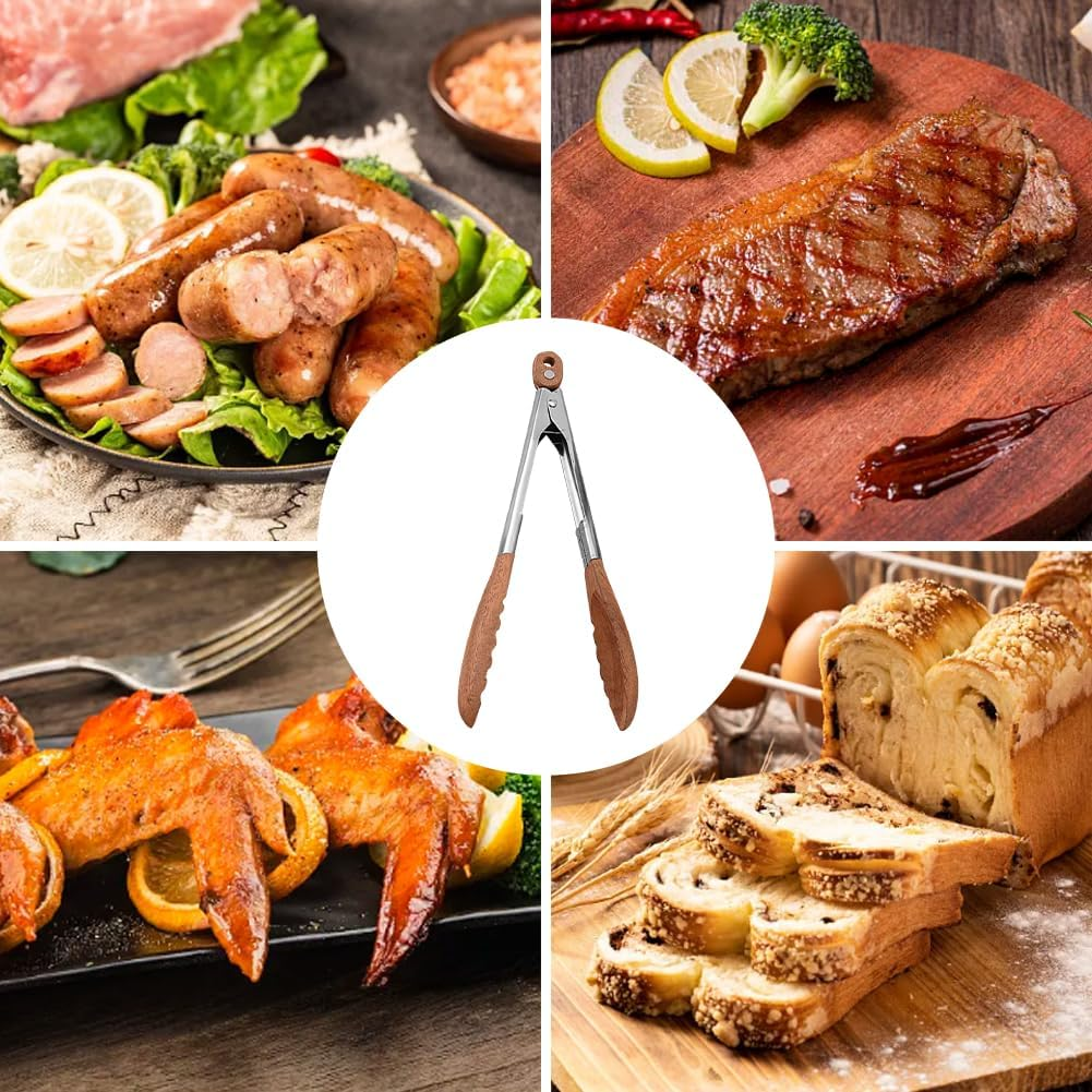 Salad Bread BBQ Non Slip Kitchen Tongs Toast with Wooden Tips Vegetable Meat image number 1