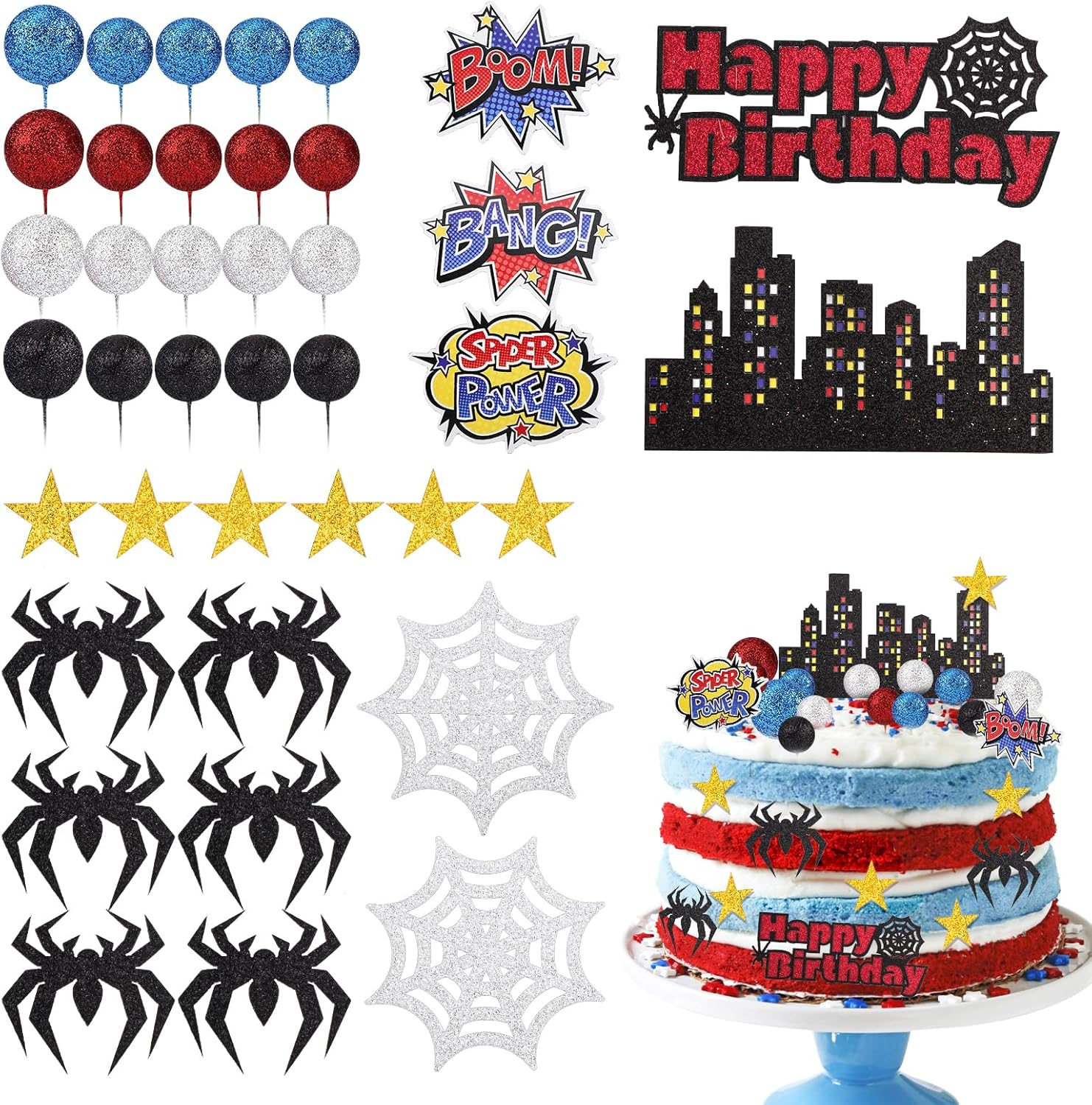 38Pcs Spider Theme Cake Toppers, Spider Cake Decorations Foam Balls Happy Birthday Spider Web Decorations for Boys Men Birthday Baby Shower Spider Theme Parties image number 2